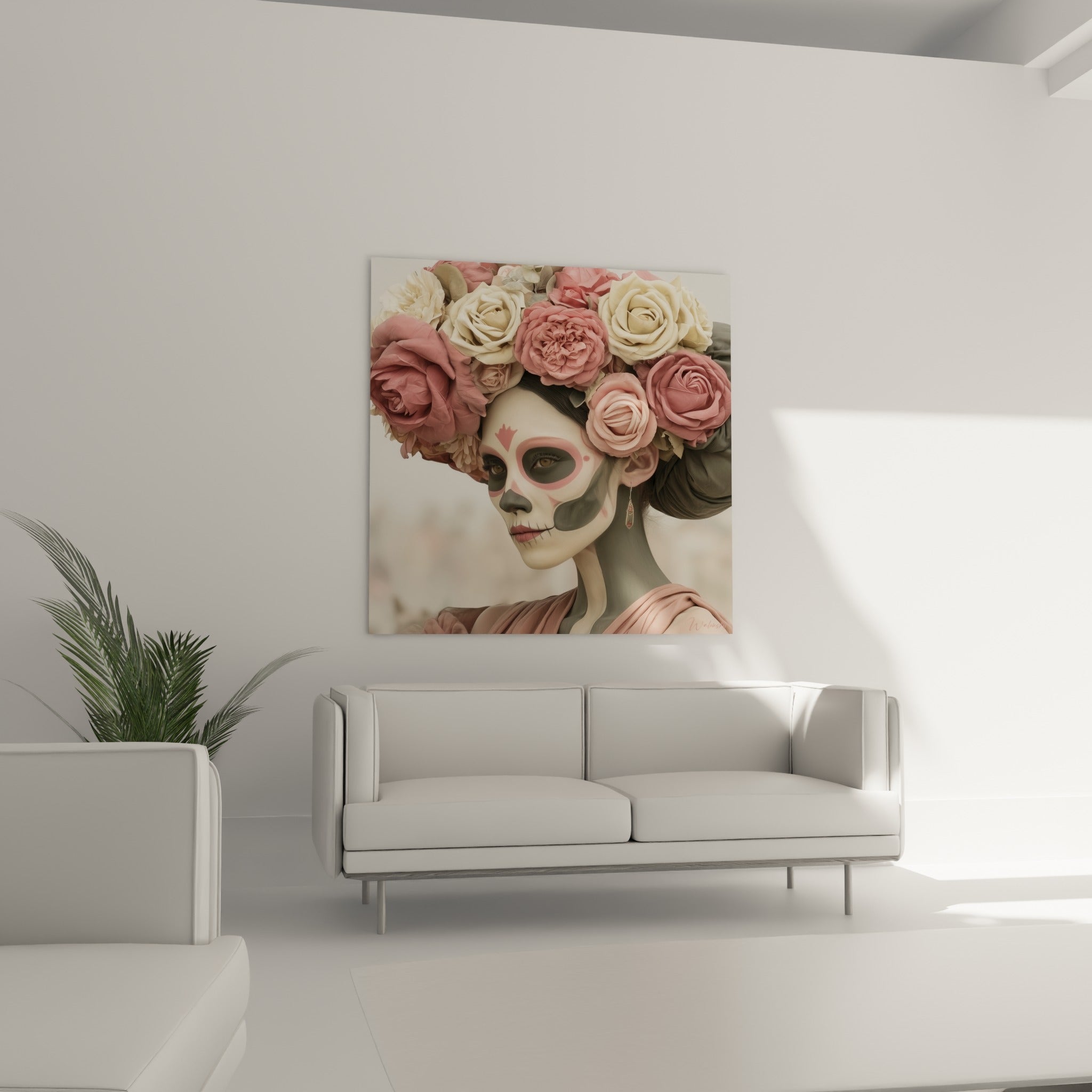 Visage Dia de los Muertos maquillé en crâne, couronne fleurie rose et beige, au-dessus d'un canapé dans un salon lumineux