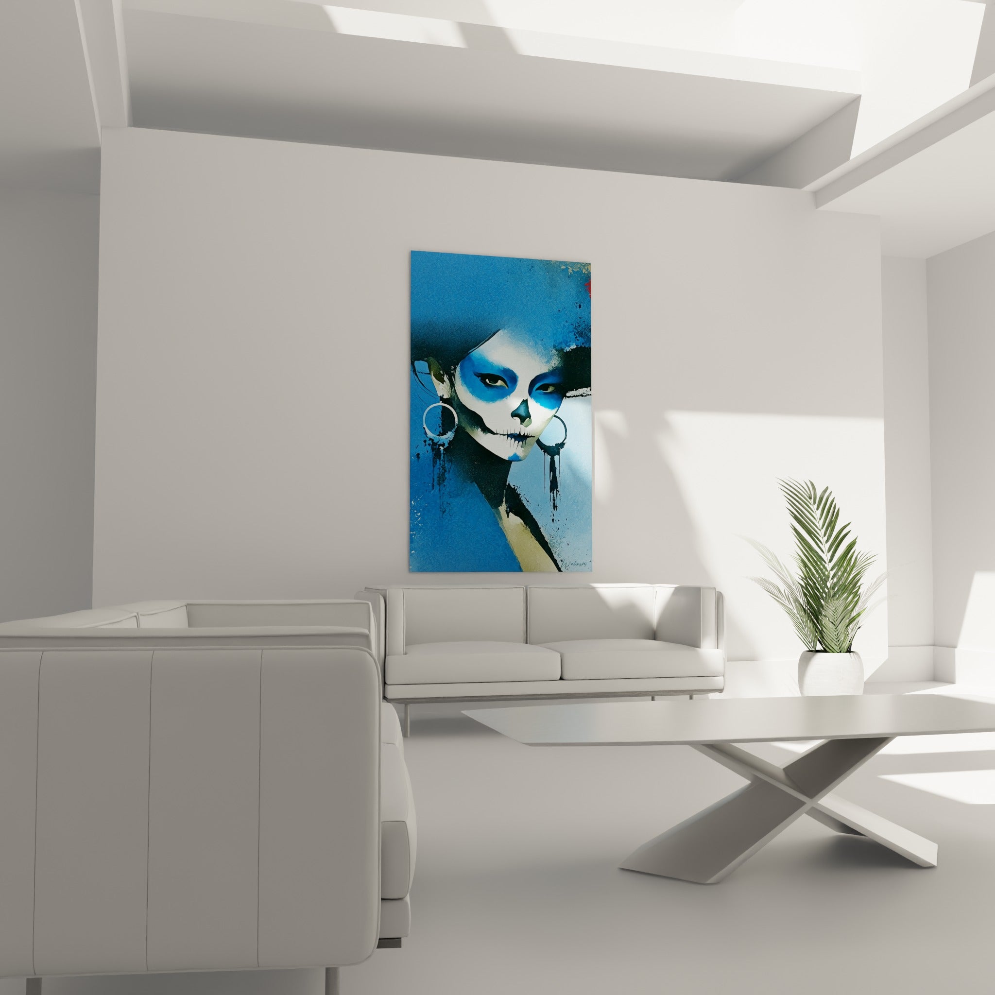 Figure Dia de los Muertos au maquillage crânien bleu et blanc, larmes noires, suspendue au-dessus d'un canapé dans un salon lumineux
