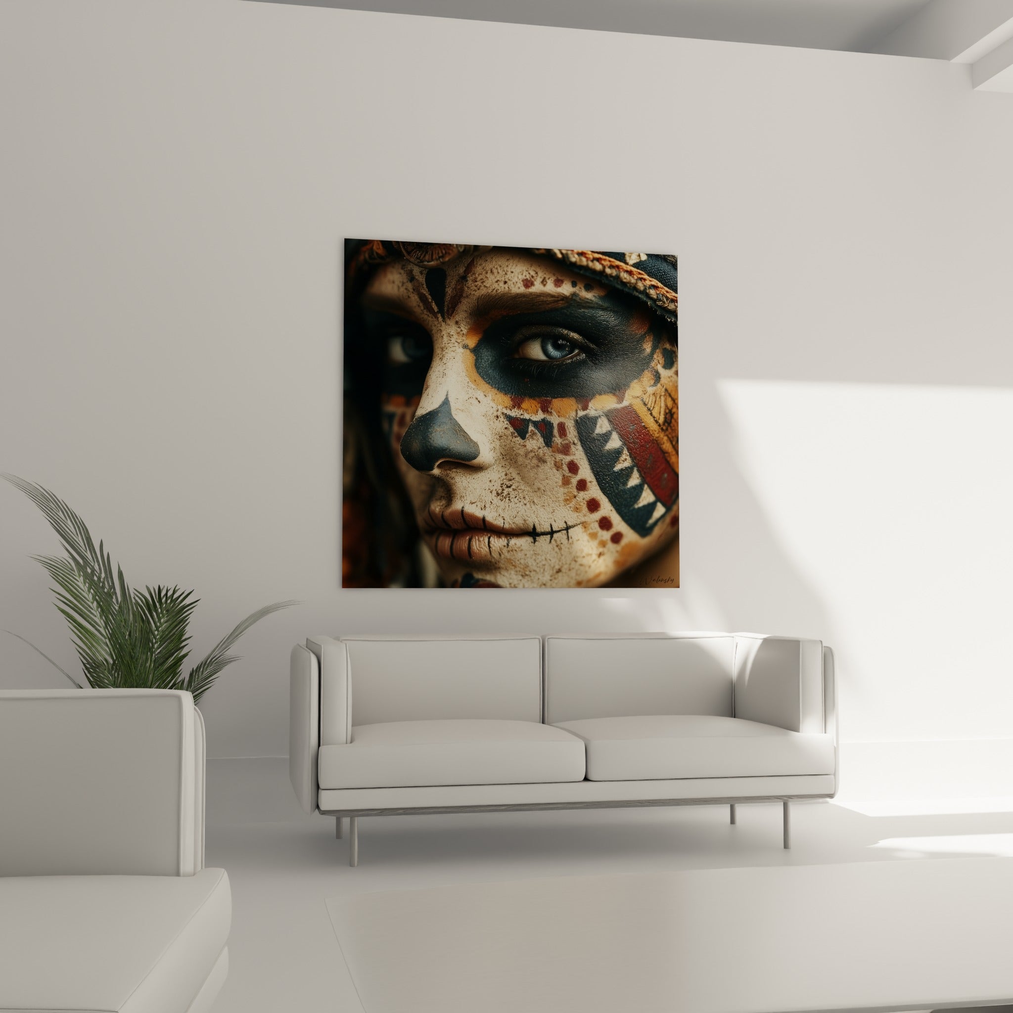 Maquillage Dia de los Muertos anthracite et doré, disposé au-dessus d'un canapé dans un salon lumineux