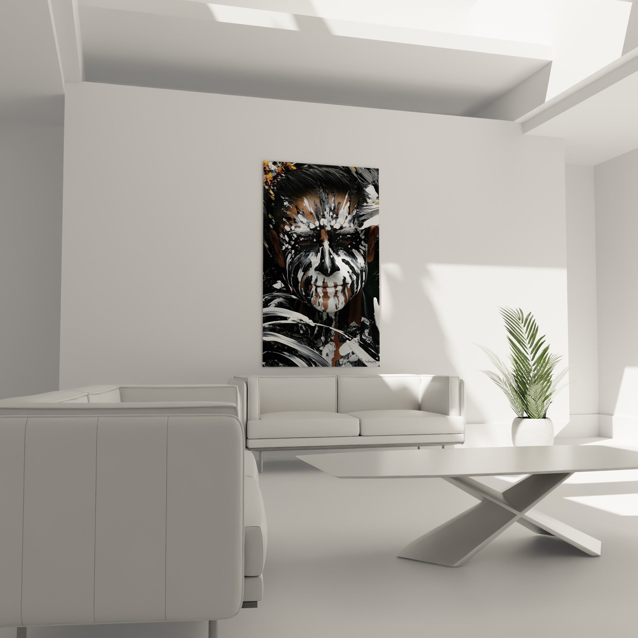 Masque peint Dia de los Muertos aux tons anthracite et ocre, au-dessus d'un canapé dans un salon lumineux