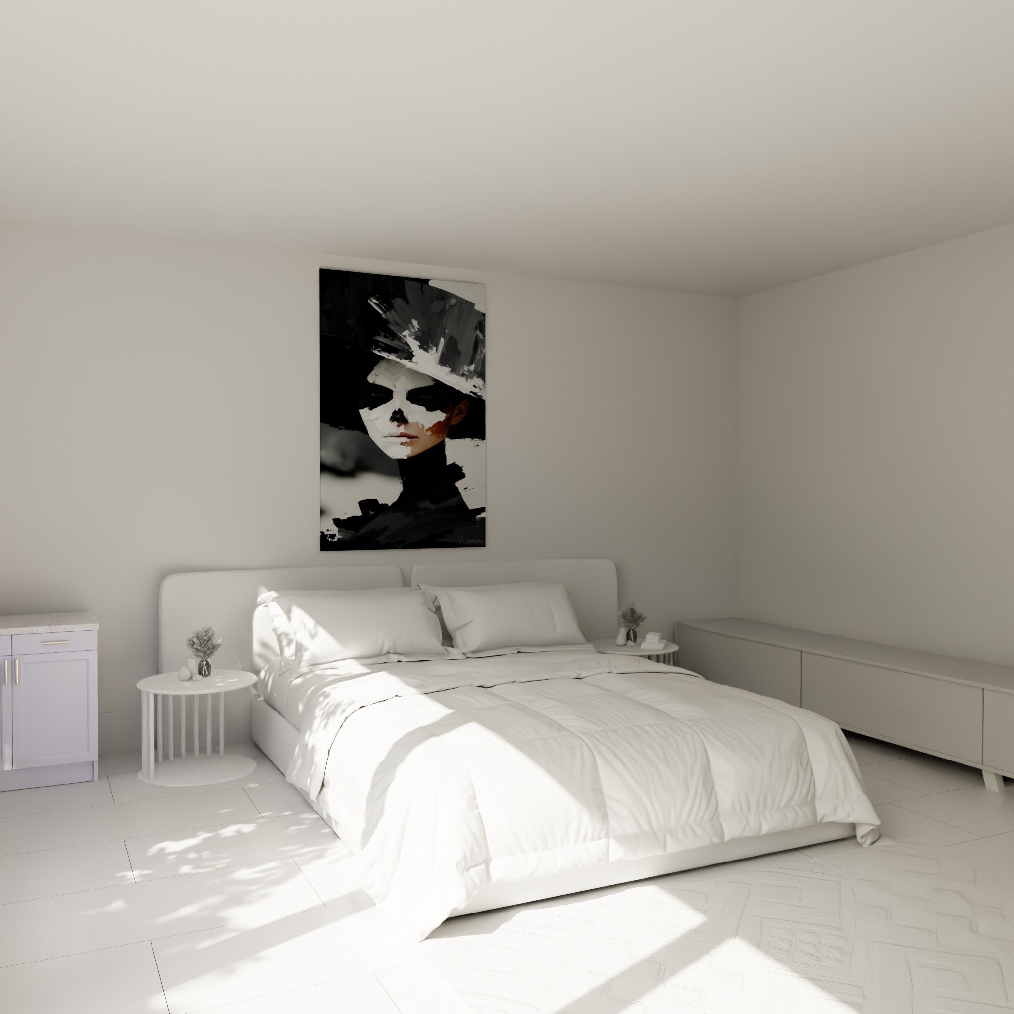 Portrait Dia de los Muertos blanc et noir anthracite, accroché au-dessus d'un lit dans une chambre claire