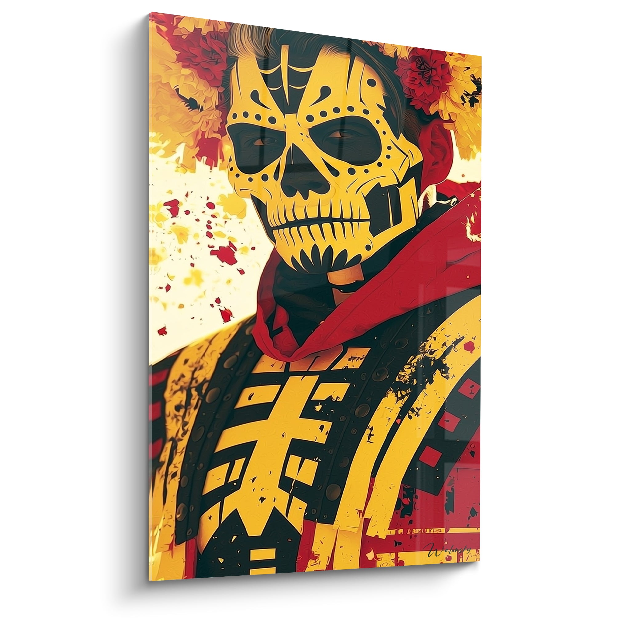 Masque doré et noir orné de fleurs rouges, style Dia de los Muertos peint avec éclaboussures.