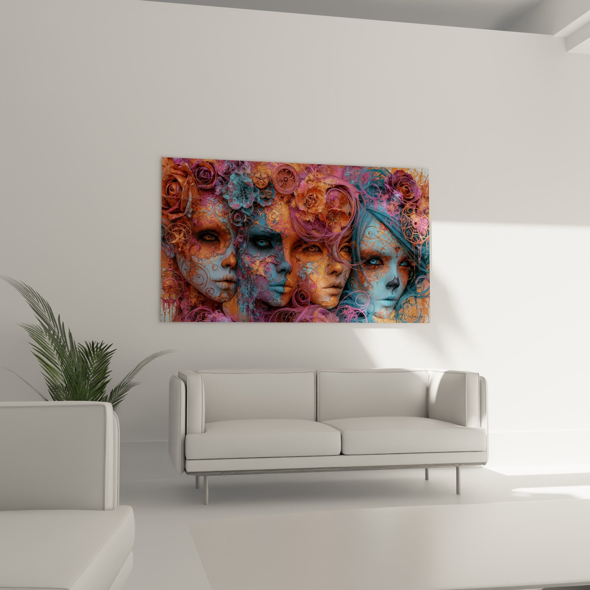 Masques Dia de los Muertos fuchsia et cuivre, fleurs sculptées, au-dessus d'un canapé dans un salon lumineux