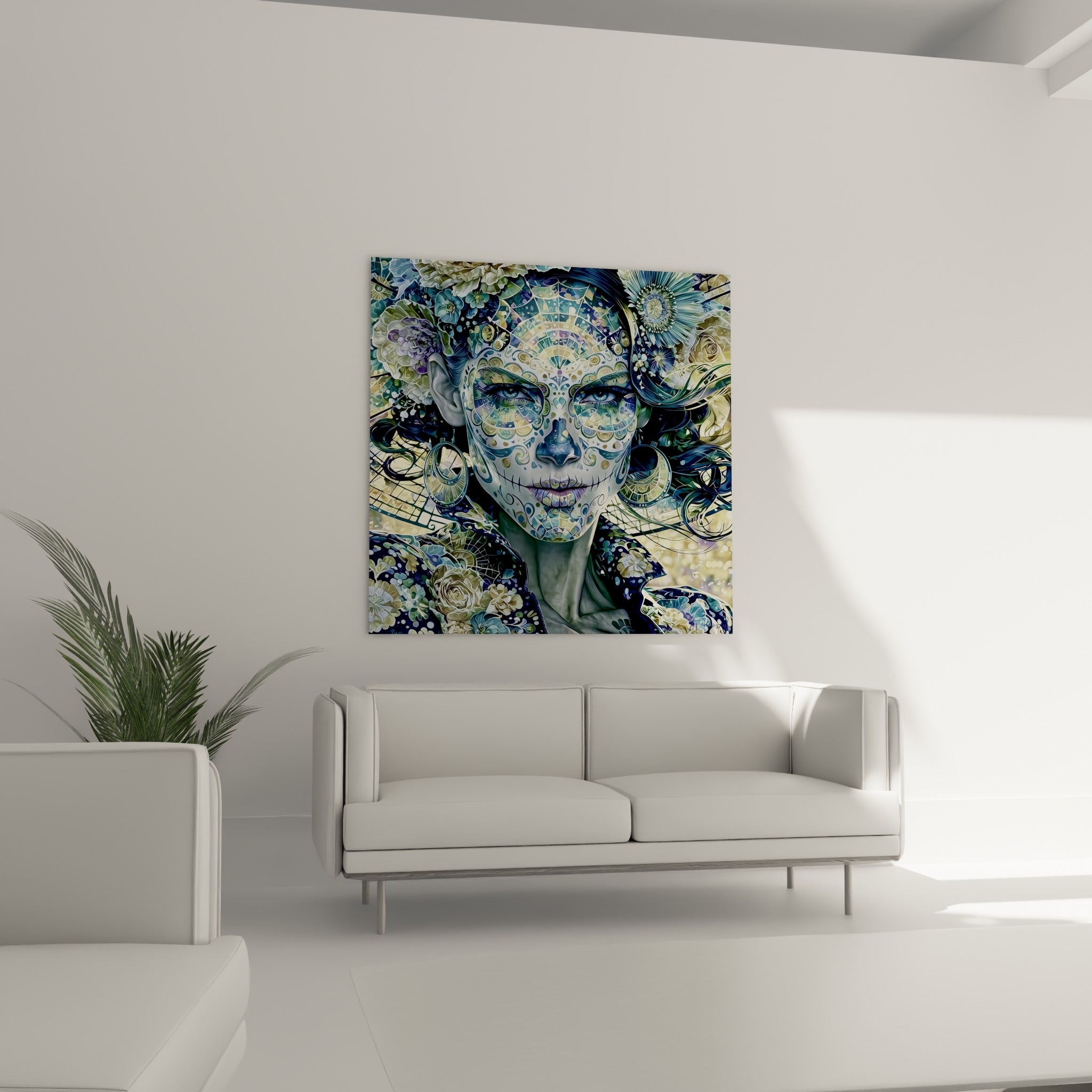 Portrait Dia de los Muertos aux teintes ivoire et bleu marine, au-dessus d'un canapé dans un salon lumineux