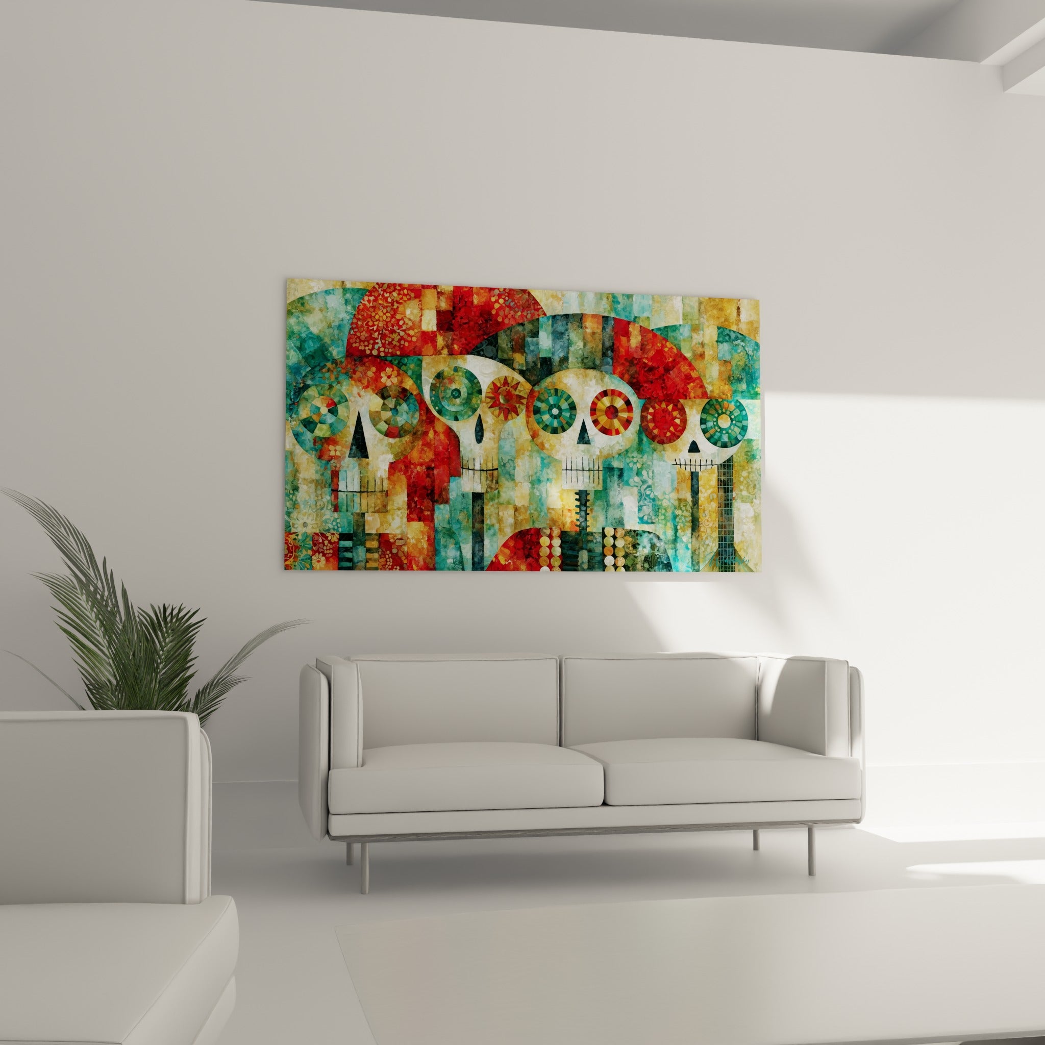 Mosaïque de crânes rouge et turquoise, ce tableau Dia de los Muertos surplombe un canapé dans un salon lumineux