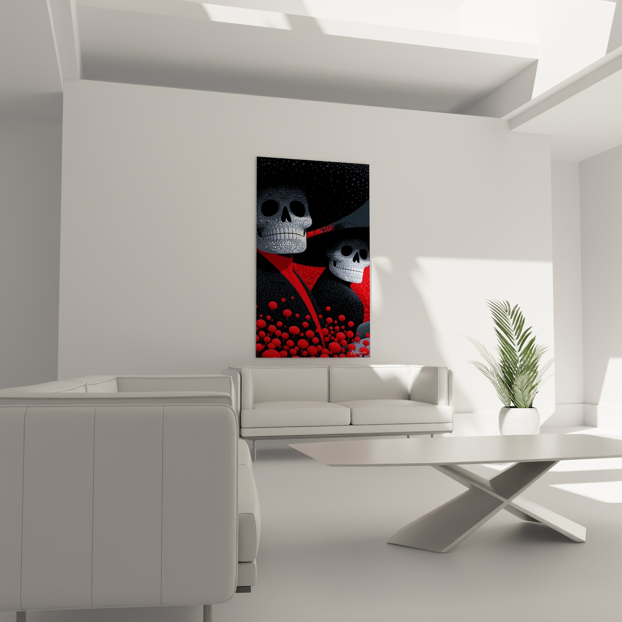 Figures funéraires ornées de rouge éclatant au-dessus d'un canapé dans un salon lumineux et épuré