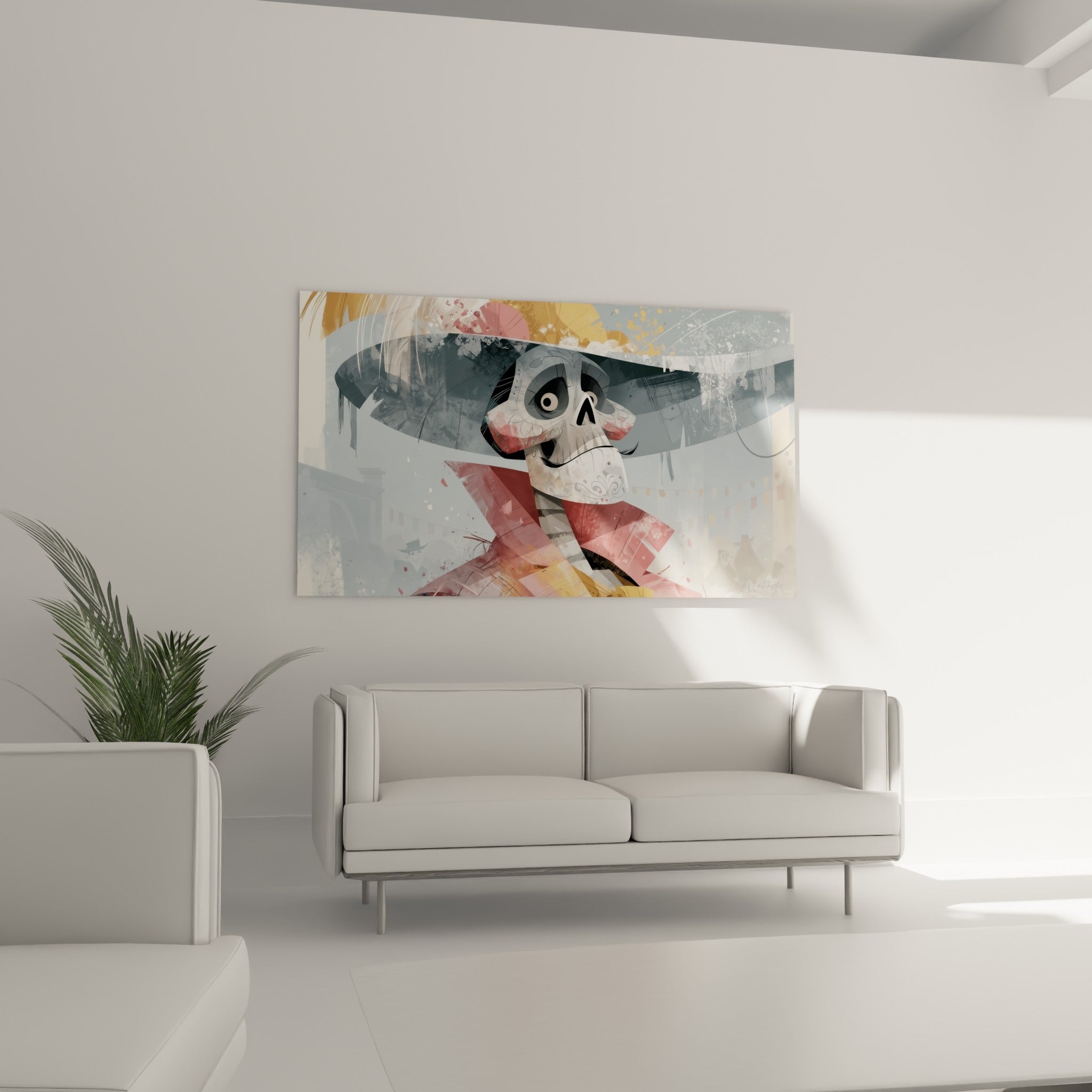 Visage squelettique aux teintes anthracite et corail, tableau Dia de los Muertos au-dessus d'un canapé dans un salon lumineux