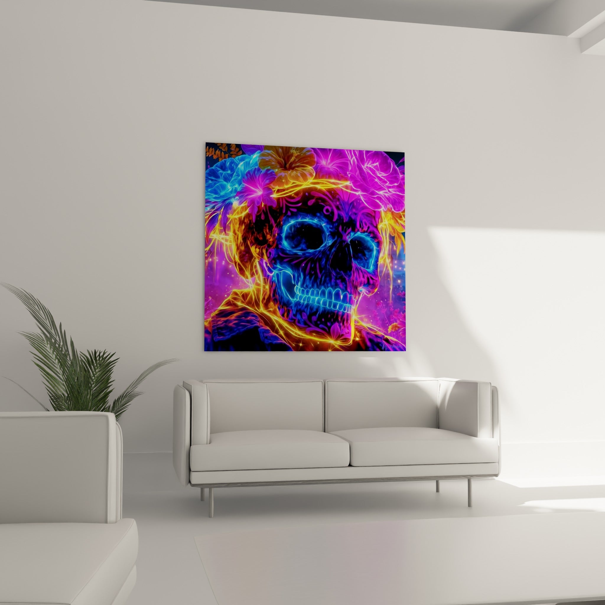 Néons bleus et magenta illuminant un crâne Dia de los Muertos au-dessus d'un canapé dans un salon lumineux