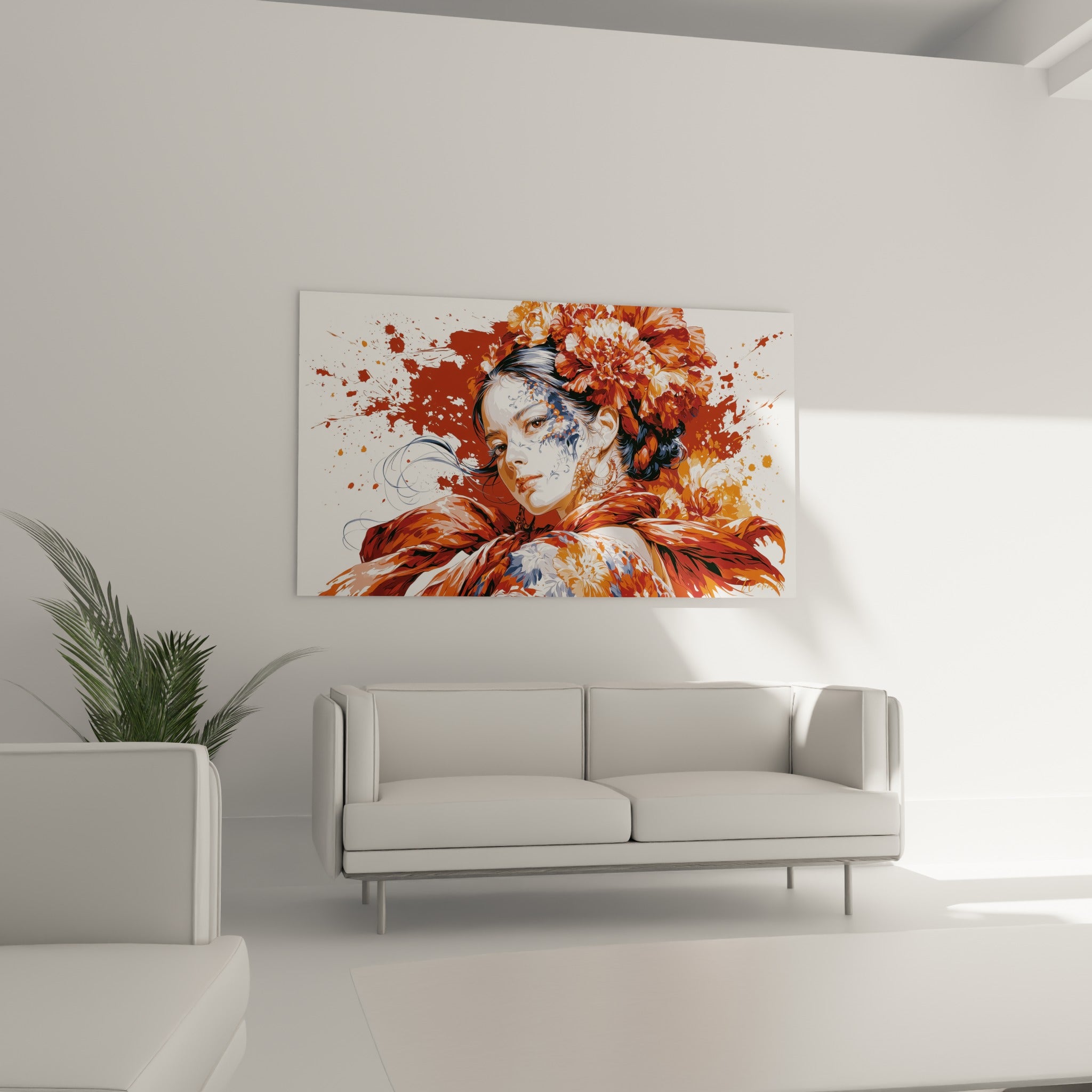 Portrait fleuri terracotta et anthracite, tableau Dia de los Muertos au-dessus d'un canapé dans un salon lumineux