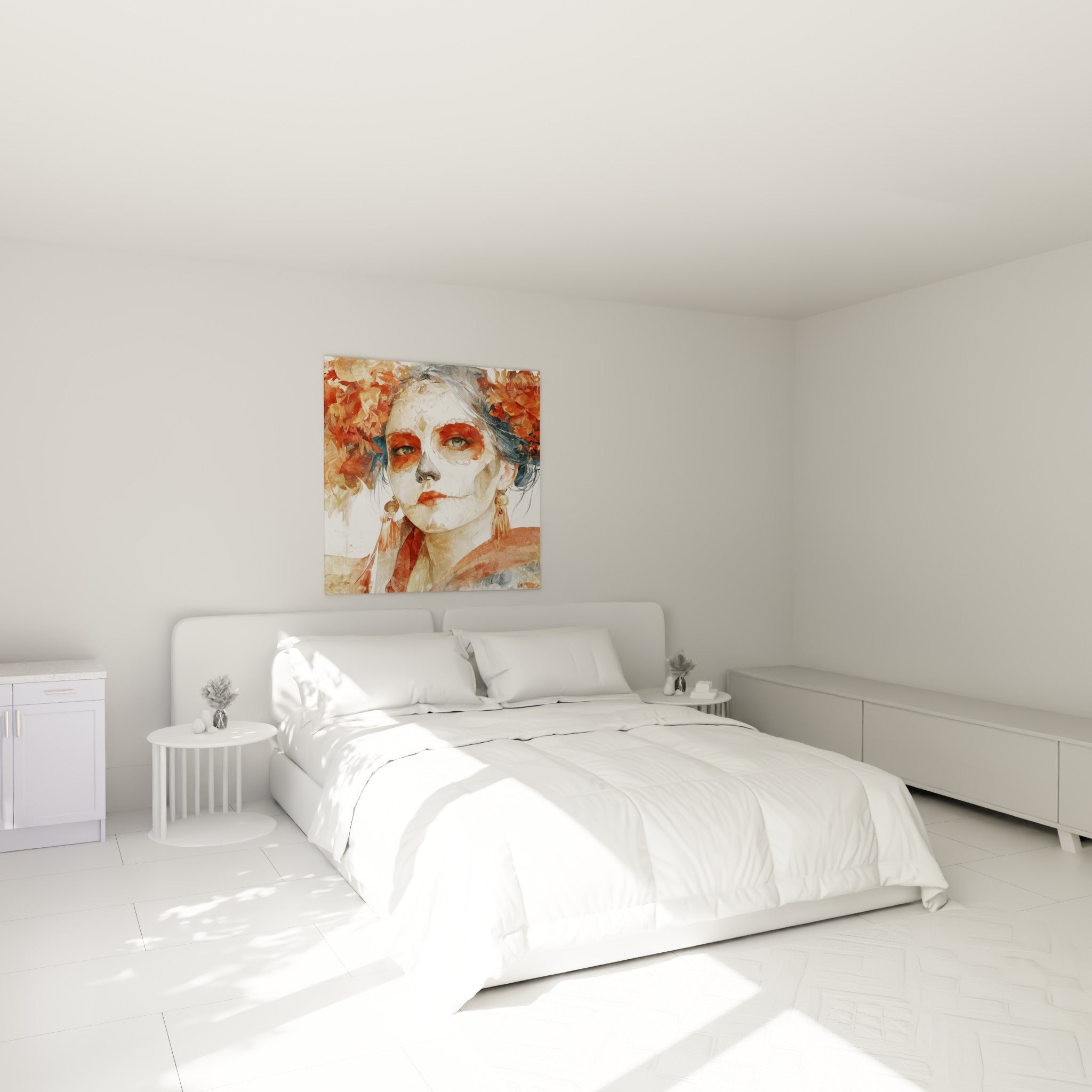 Portrait fleuri terracotta et blanc du Dia de los Muertos accroché au-dessus d'un lit dans une chambre claire