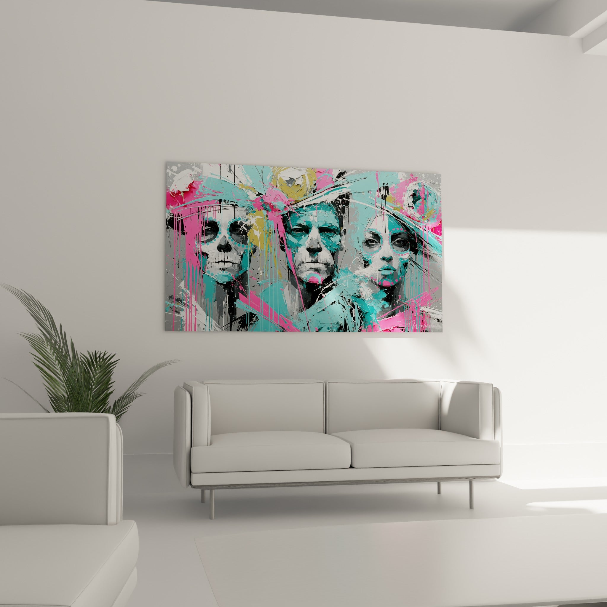 Visages Dia de los Muertos peints en rose fluo accrochés au-dessus d'un canapé dans un salon lumineux