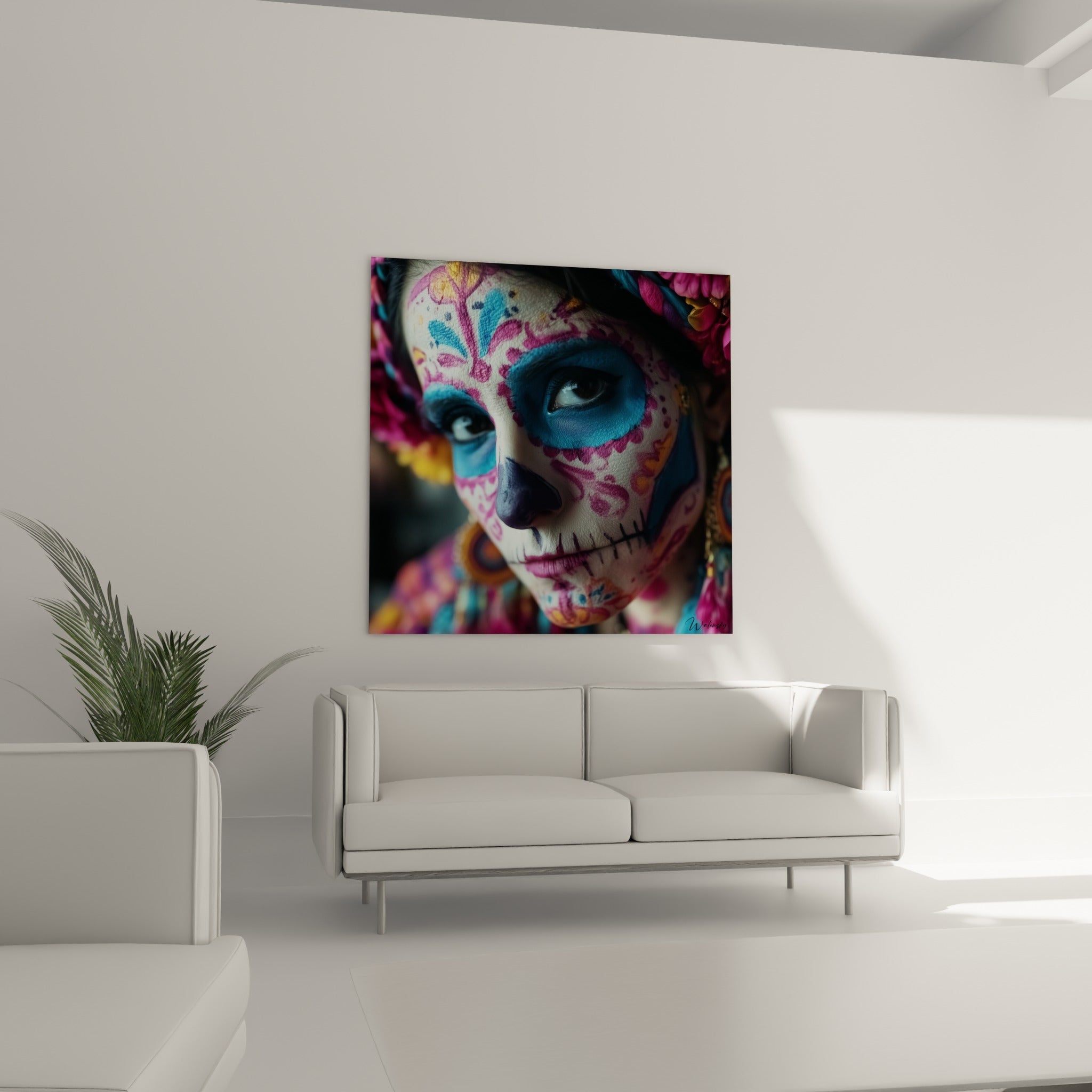 Portrait mexicain peint en bleu et rose vif suspendu au-dessus d'un canapé dans un salon lumineux