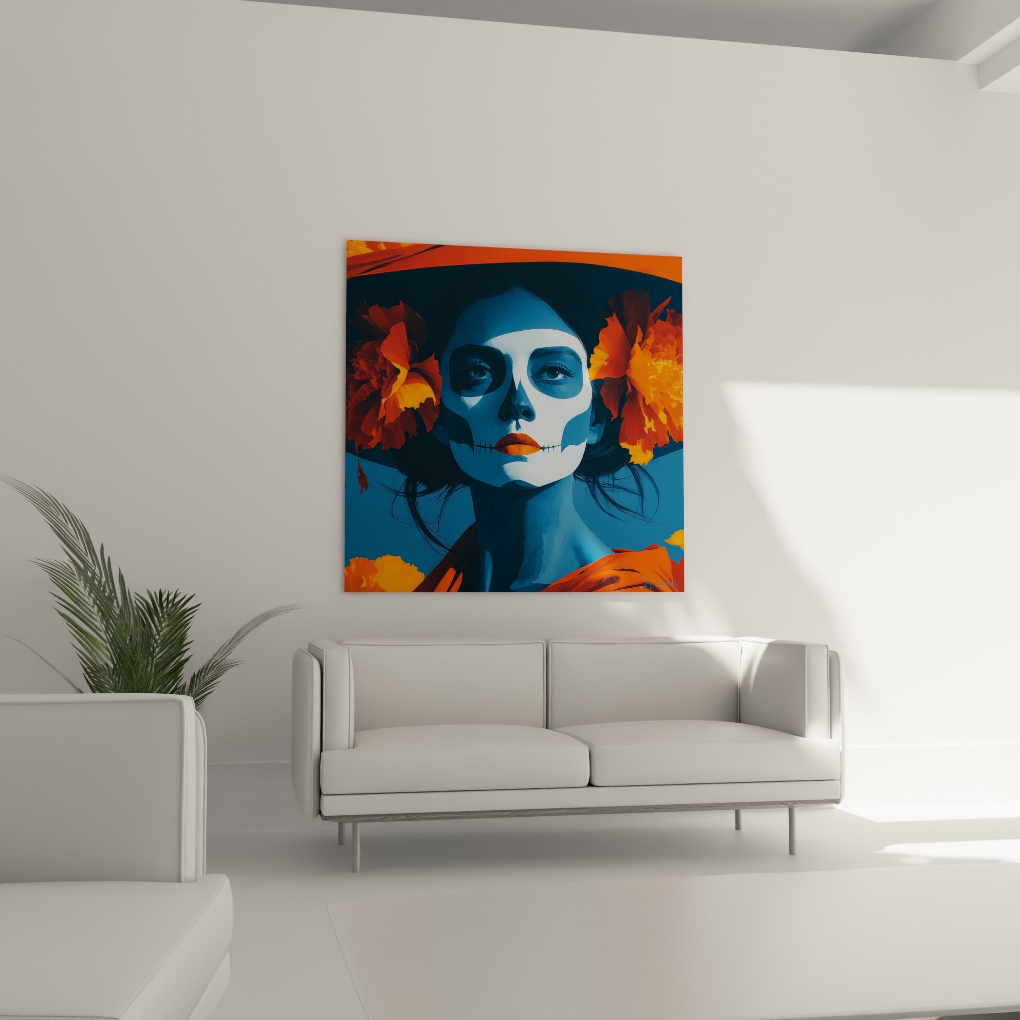 Visage crâne peint bleu et orange, fleurs éclatantes autour du portrait, au-dessus d'un canapé dans un salon lumineux