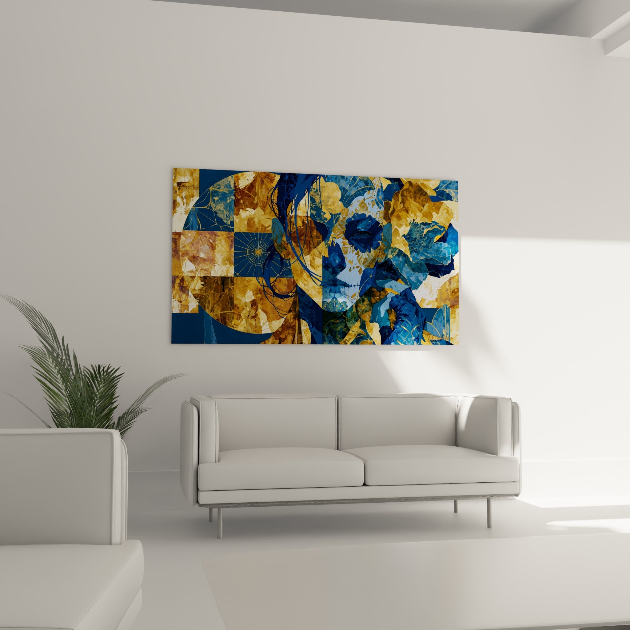 Portrait Dia de los Muertos aux teintes bleu ciel et ocre, tableau au-dessus d'un canapé dans un salon lumineux