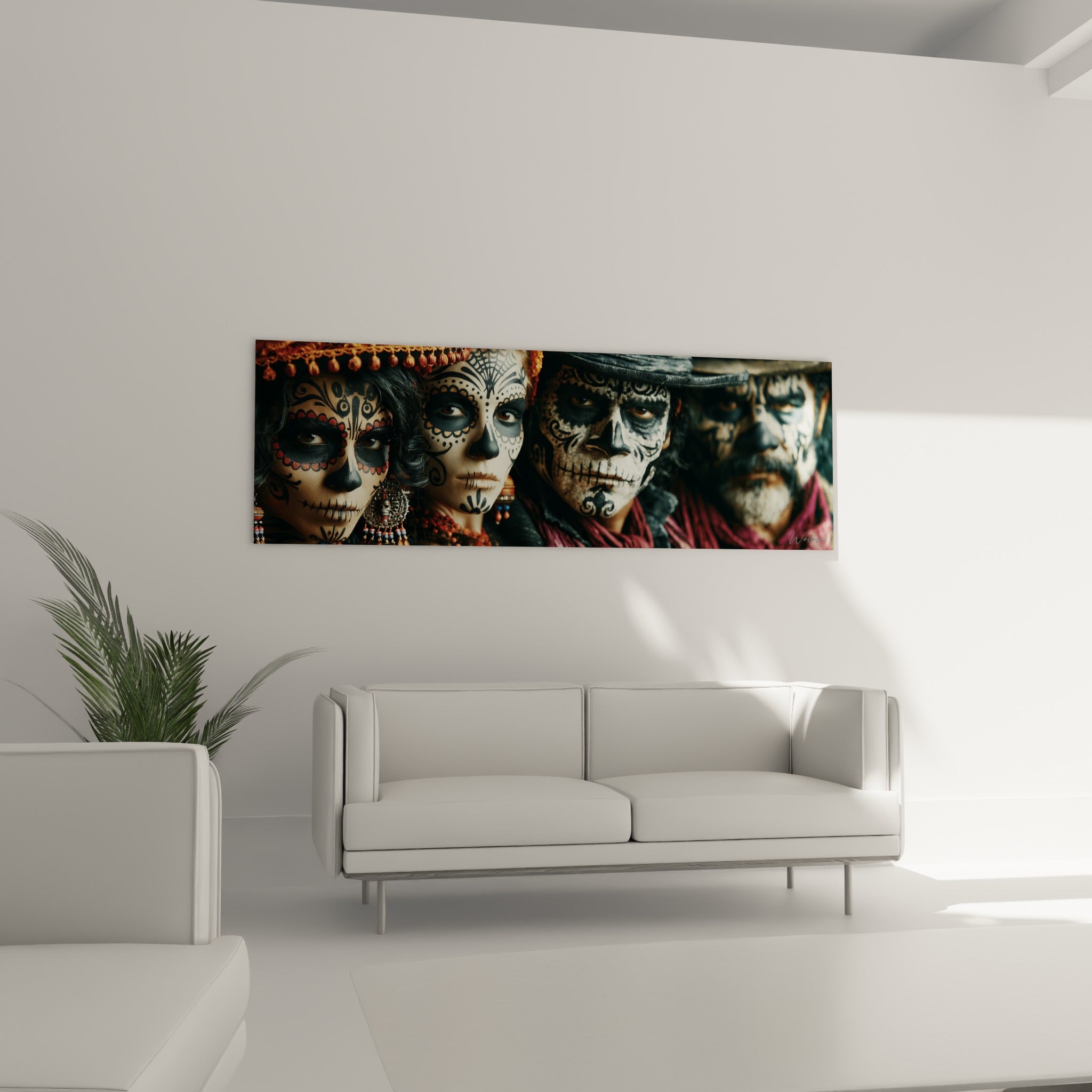 Portraits Dia de los Muertos anthracite et terracotta au-dessus d'un canapé dans un salon lumineux