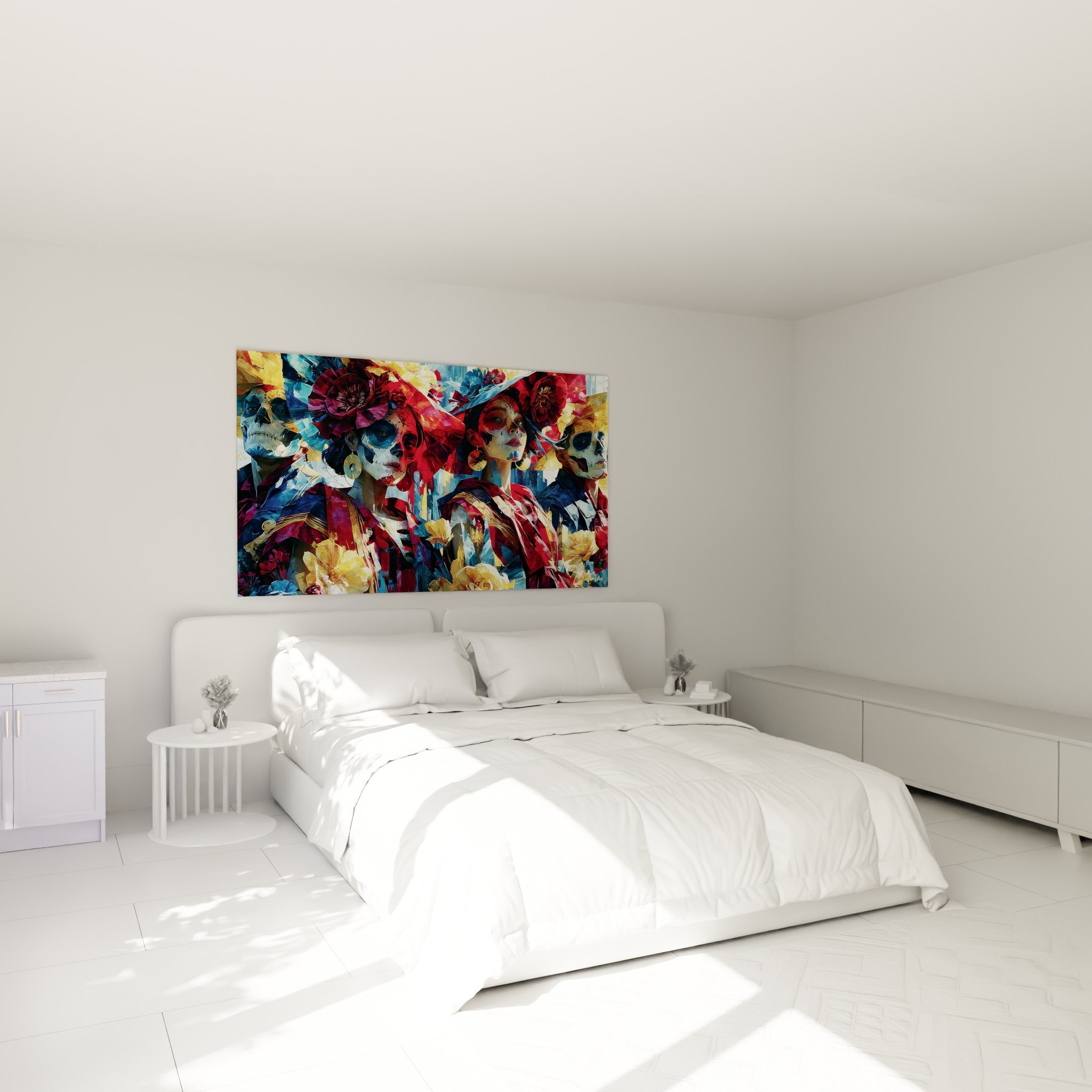 Portraits Dia de los Muertos rouge écarlate et bleu marine parés de fleurs, au-dessus d'un lit dans une chambre claire
