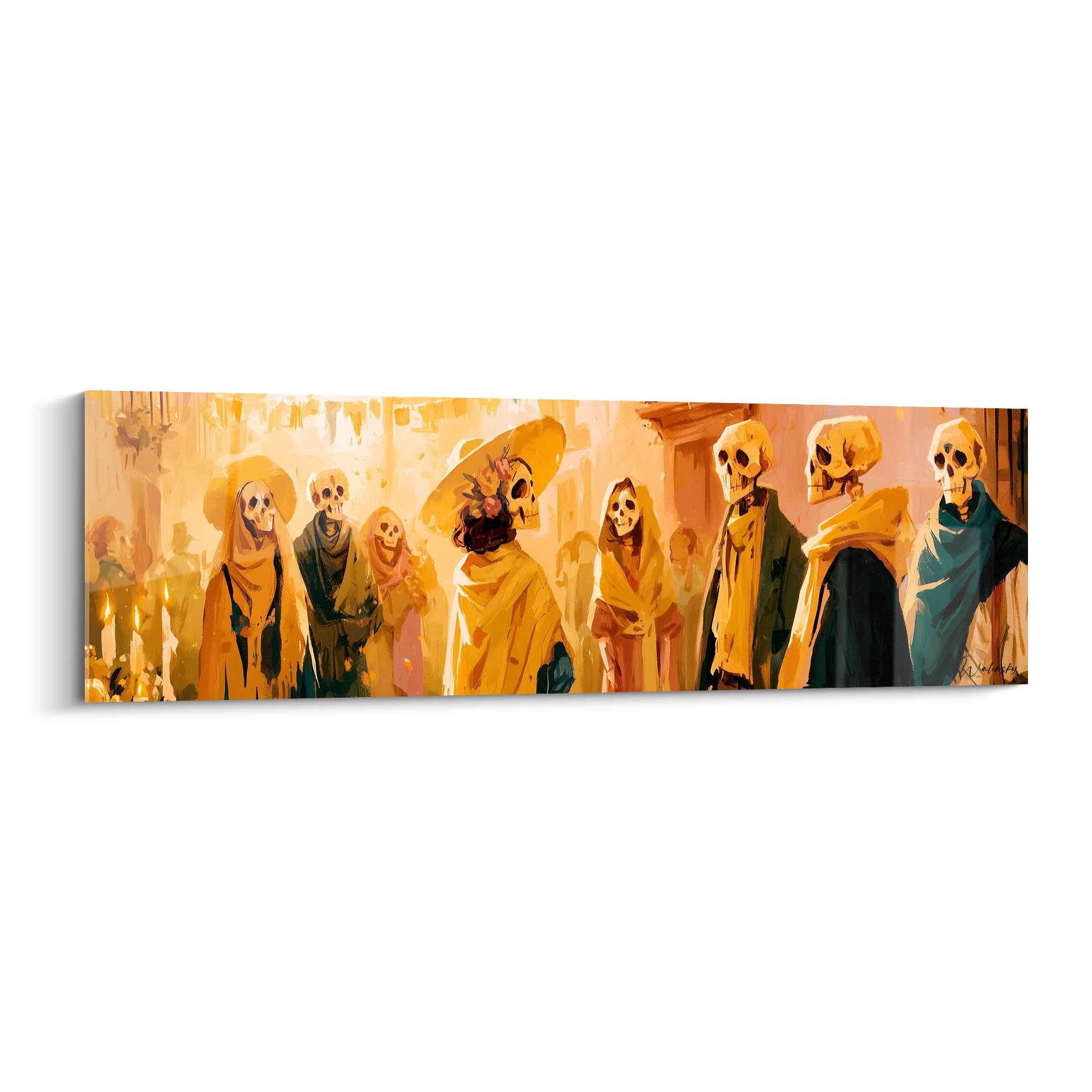 Squelettes en procession Dia de los Muertos, tons ocre et anthracite, cortège peint à la lumière dorée