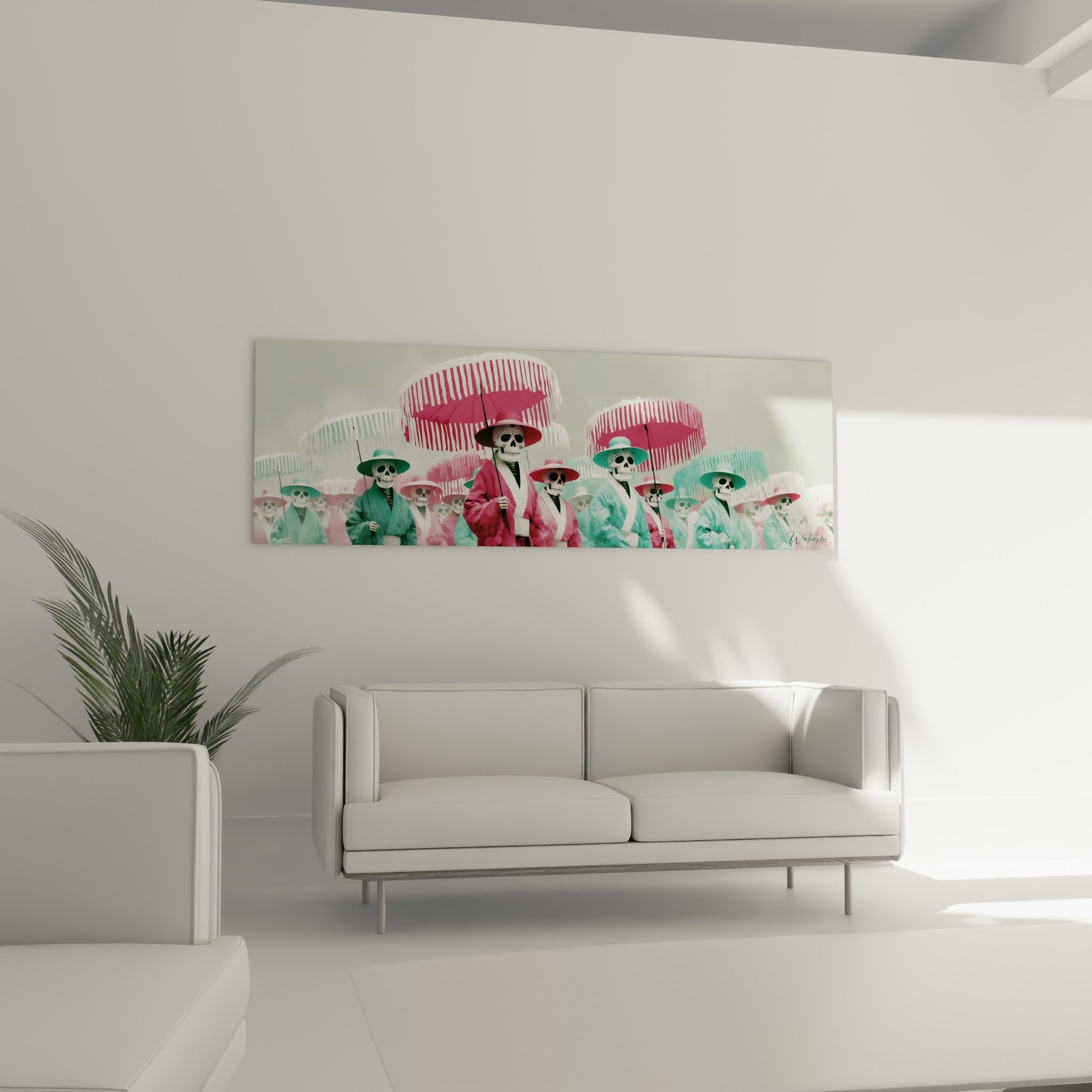 Figures funéraires peintes en blanc portant chapeaux roses et turquoise, tableau Dia de los Muertos au-dessus d'un canapé dans un salon lumineux