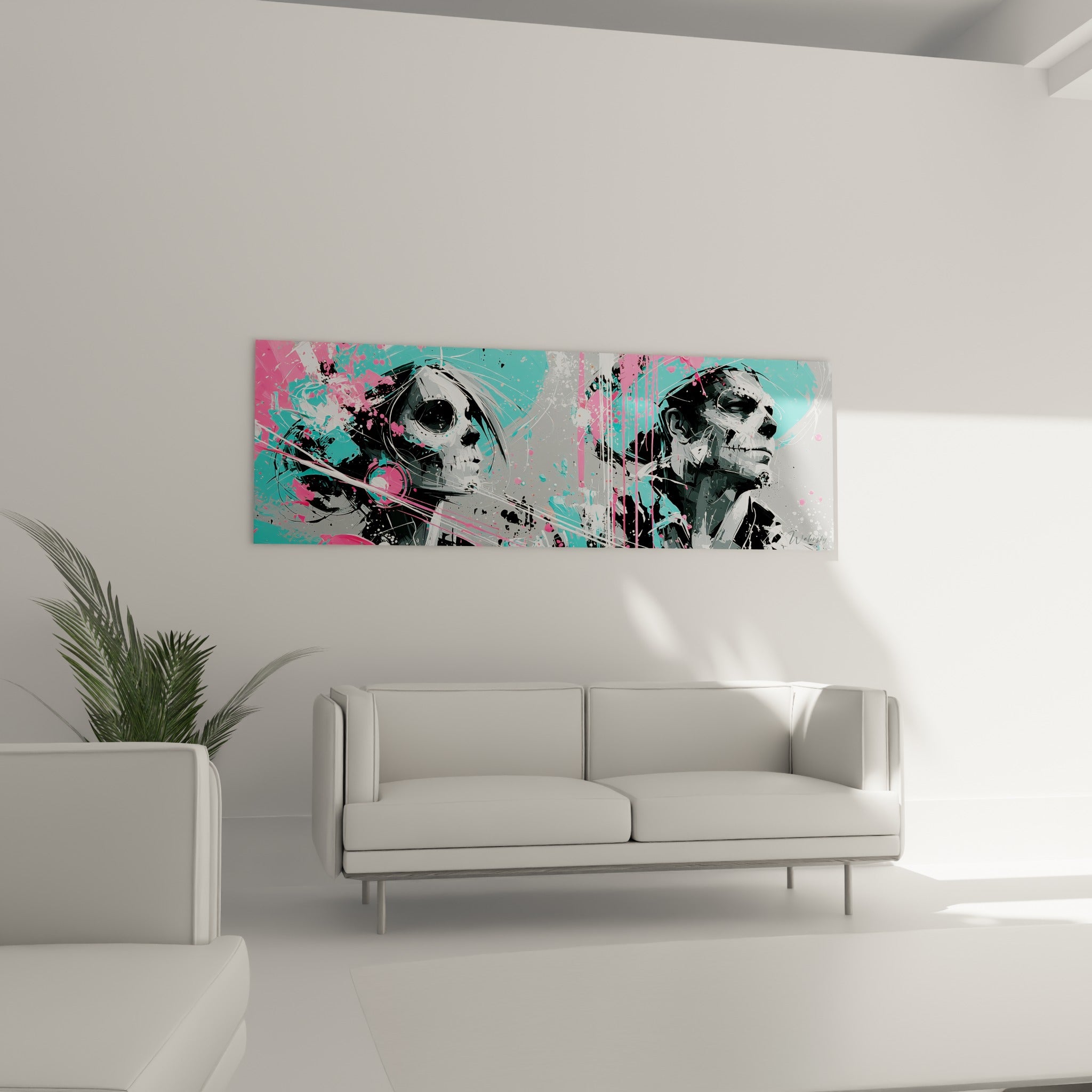 Visages Dia de los Muertos peints en gris et blanc avec coulures rose fluo, au-dessus d'un canapé dans un salon lumineux