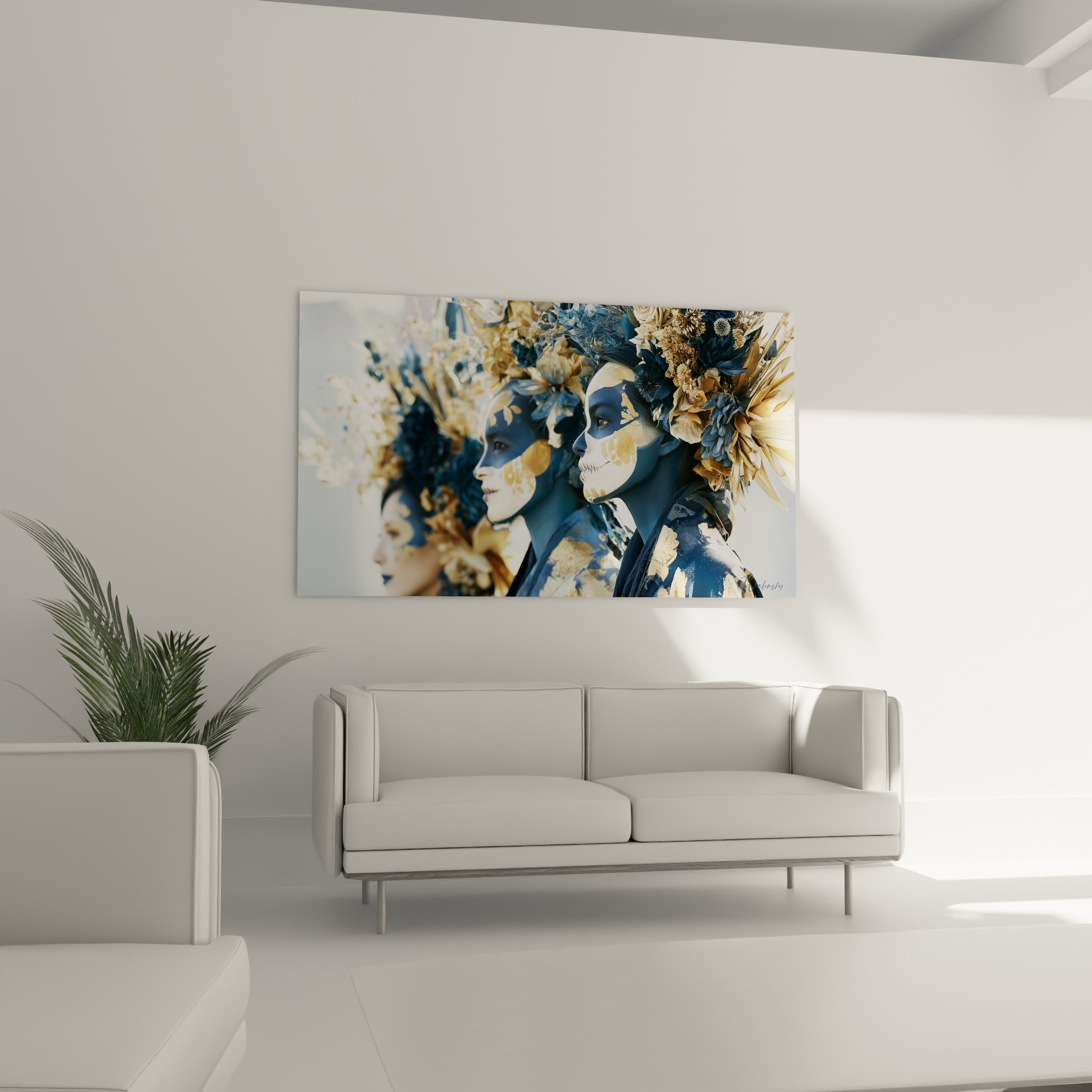 Profils dorés et fleurs séchées de ce tableau Dia de los Muertos, au-dessus d'un canapé dans un salon lumineux