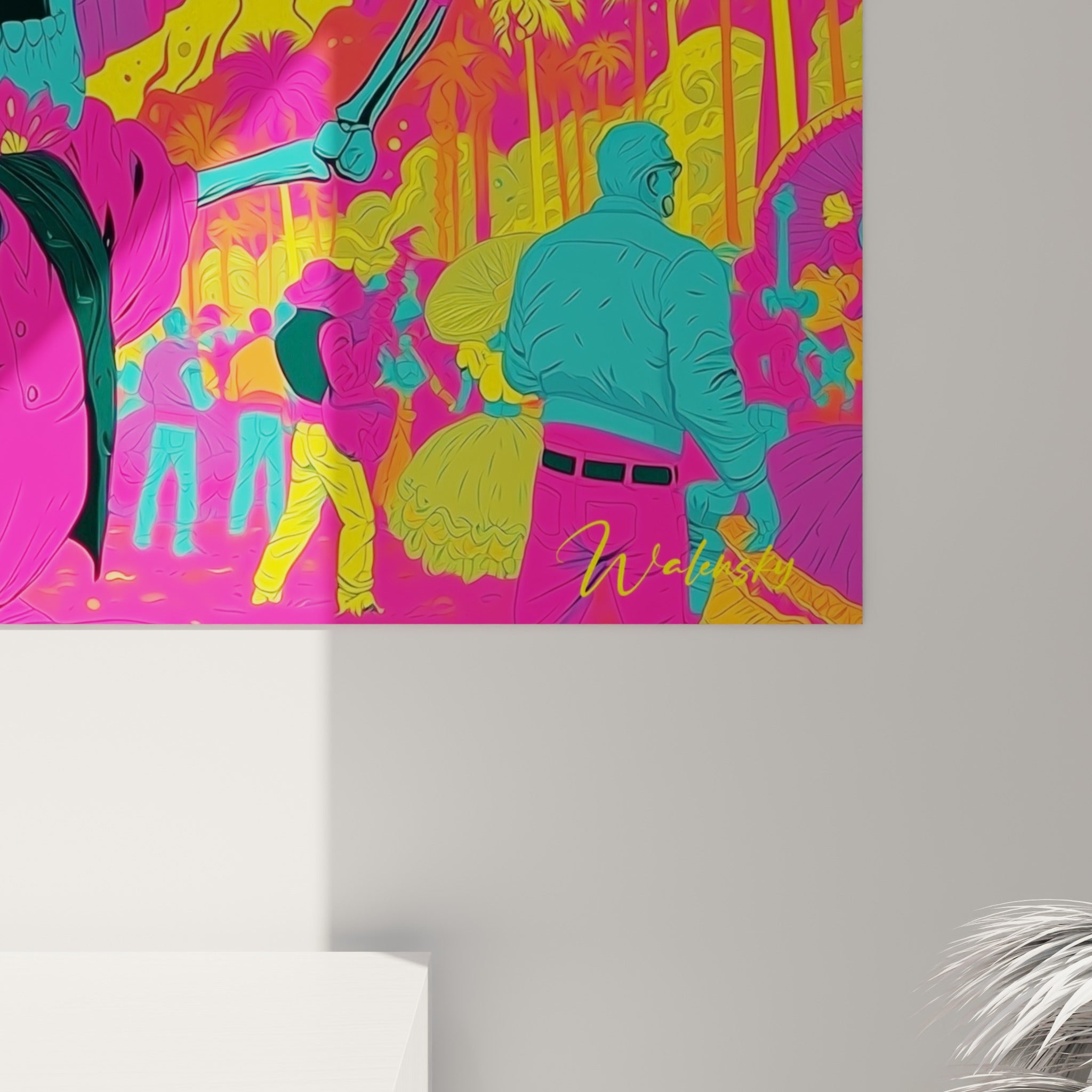 Détail des rayons violets de l'ombrelle et du grain coloré jaune-rose sur la toile accrochée