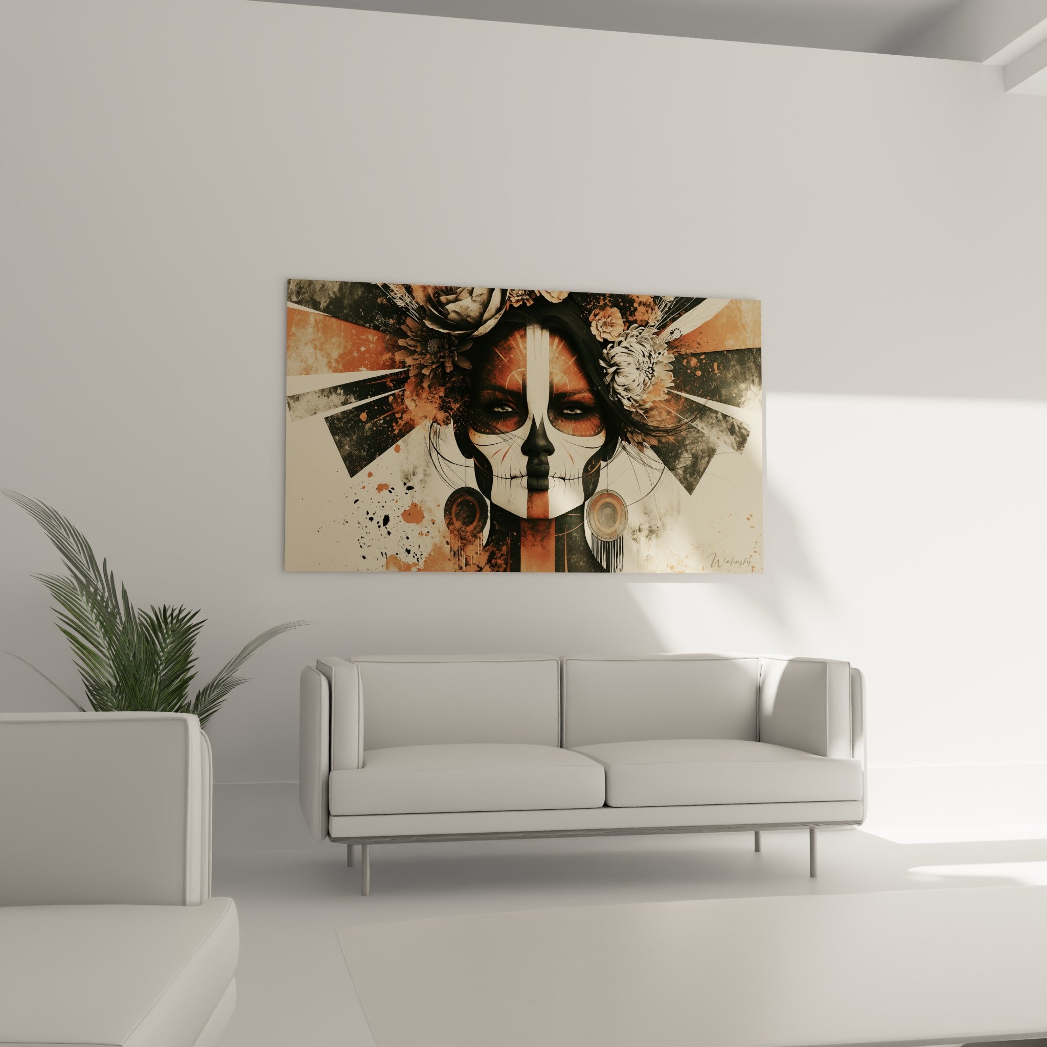 Regard intense du Dia de los Muertos aux teintes ocre et anthracite au-dessus d'un canapé dans un salon lumineux