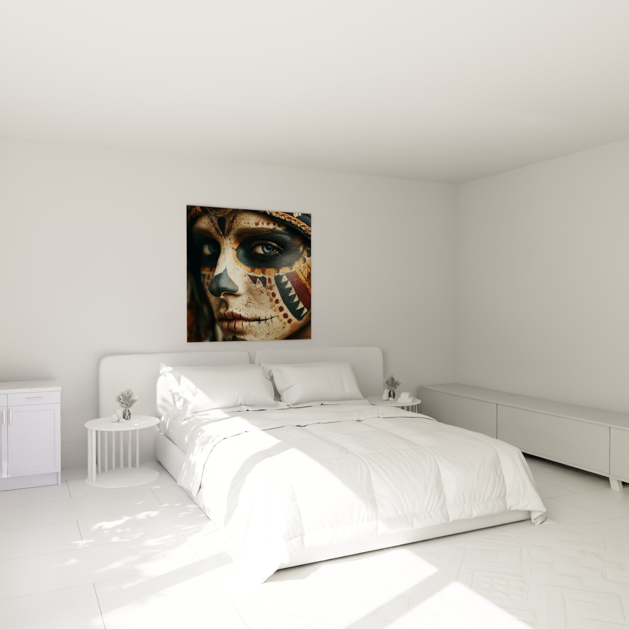 Portrait Dia de los Muertos aux teintes terracotta et bleu, accroché au-dessus d'un lit dans une chambre claire
