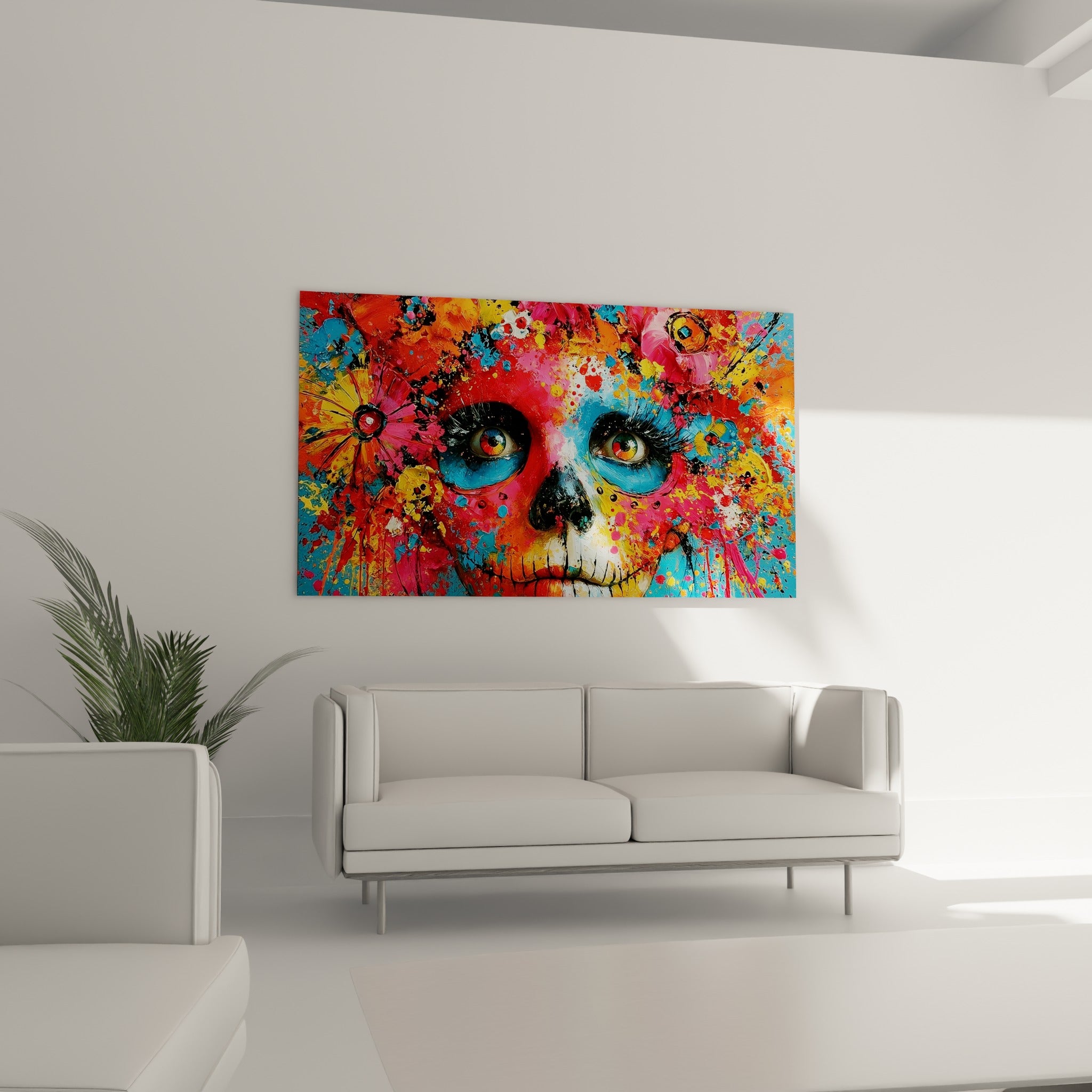 Crâne Dia de los Muertos éclaboussé de rose fuchsia et turquoise, au-dessus d'un canapé dans un salon lumineux