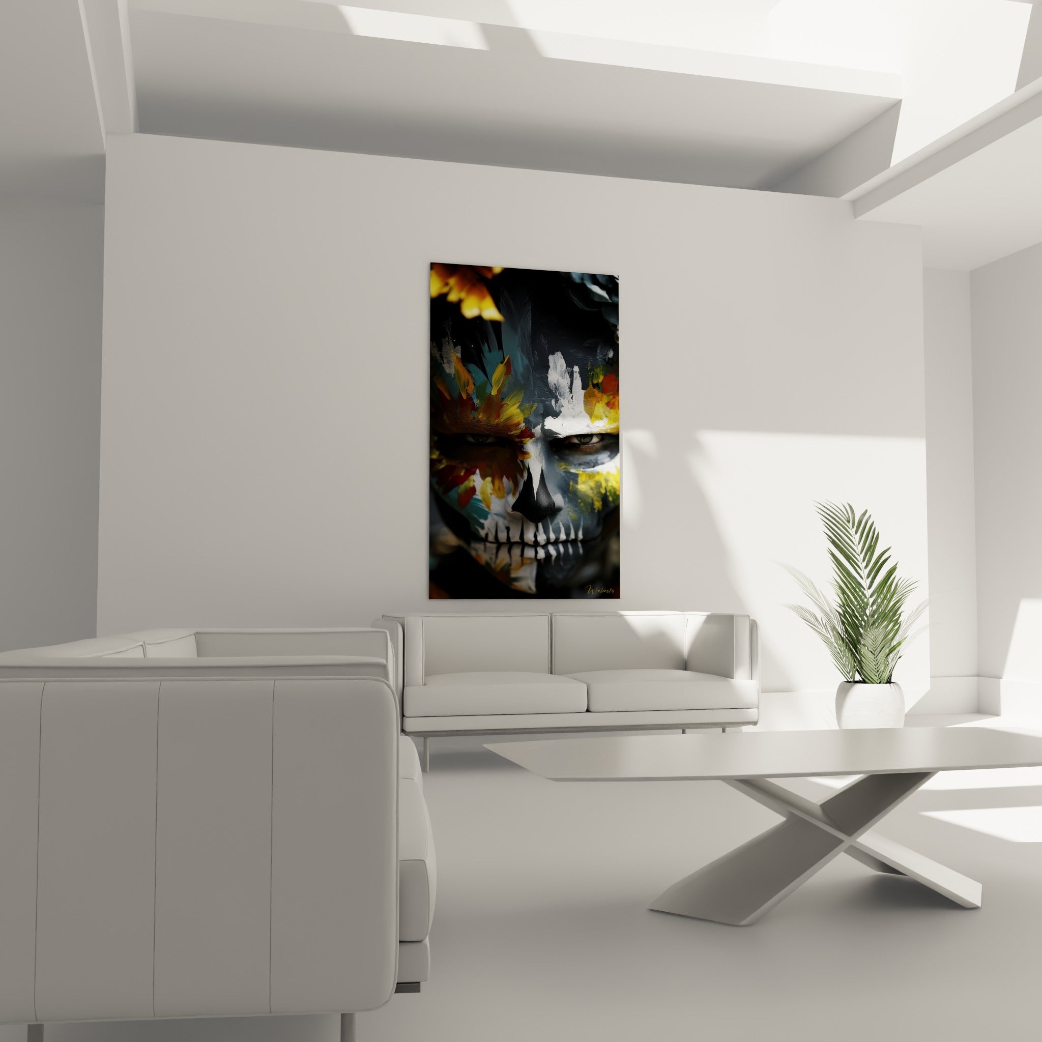 Regard sombre Dia de los Muertos entouré de touches jaunes et blanches au-dessus d'un canapé dans un salon lumineux
