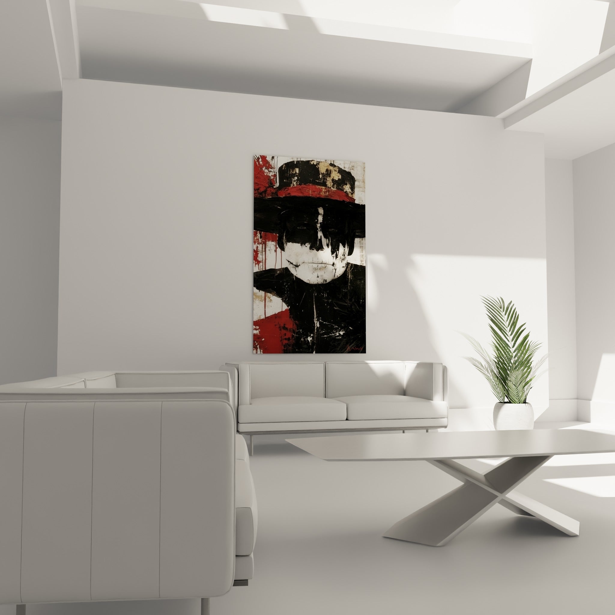 Regard sombre encadré de noir profond, tableau Dia de los Muertos au-dessus d'un canapé dans un salon lumineux
