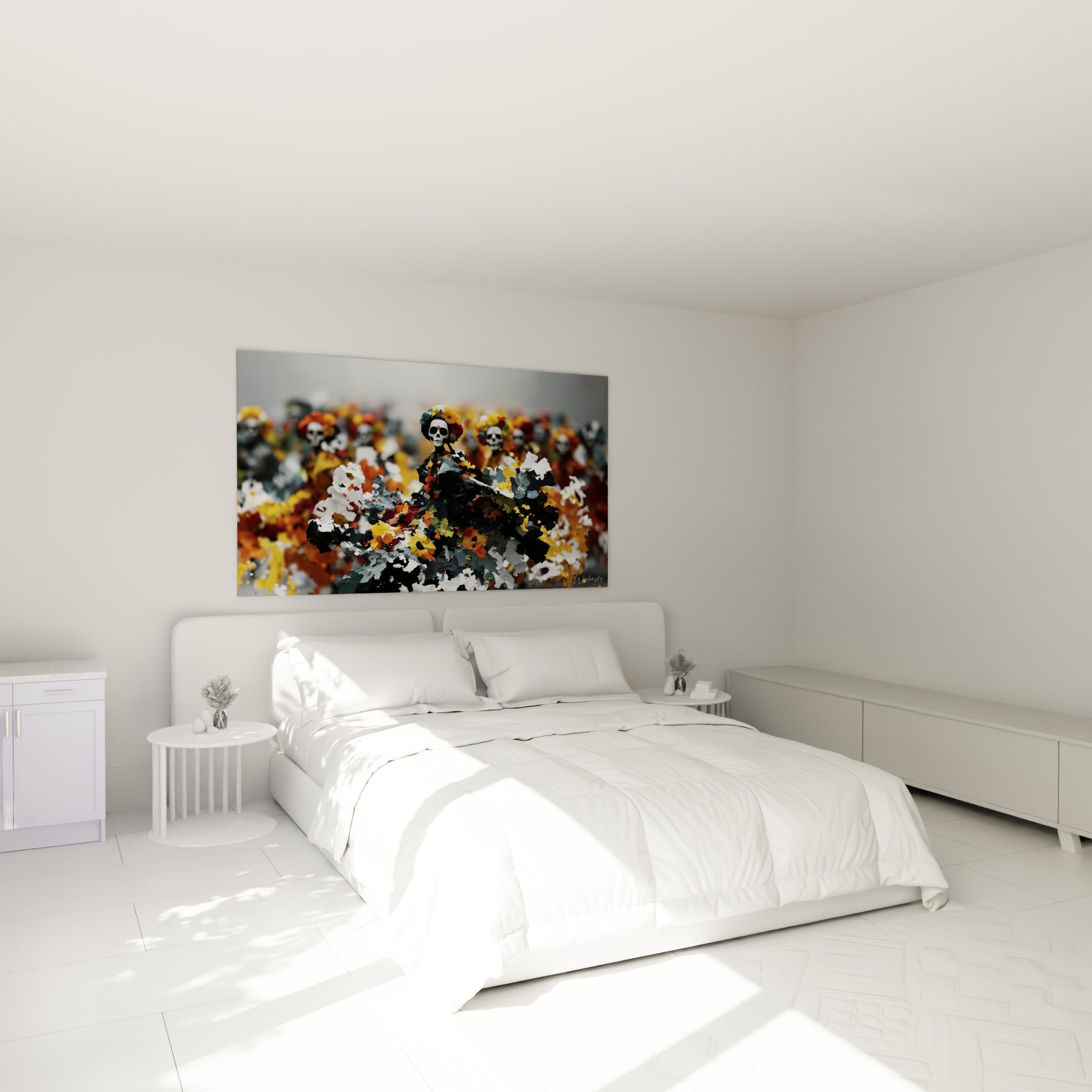 Silhouette fleurie noire et orange terracotta au-dessus d'un lit dans une chambre claire