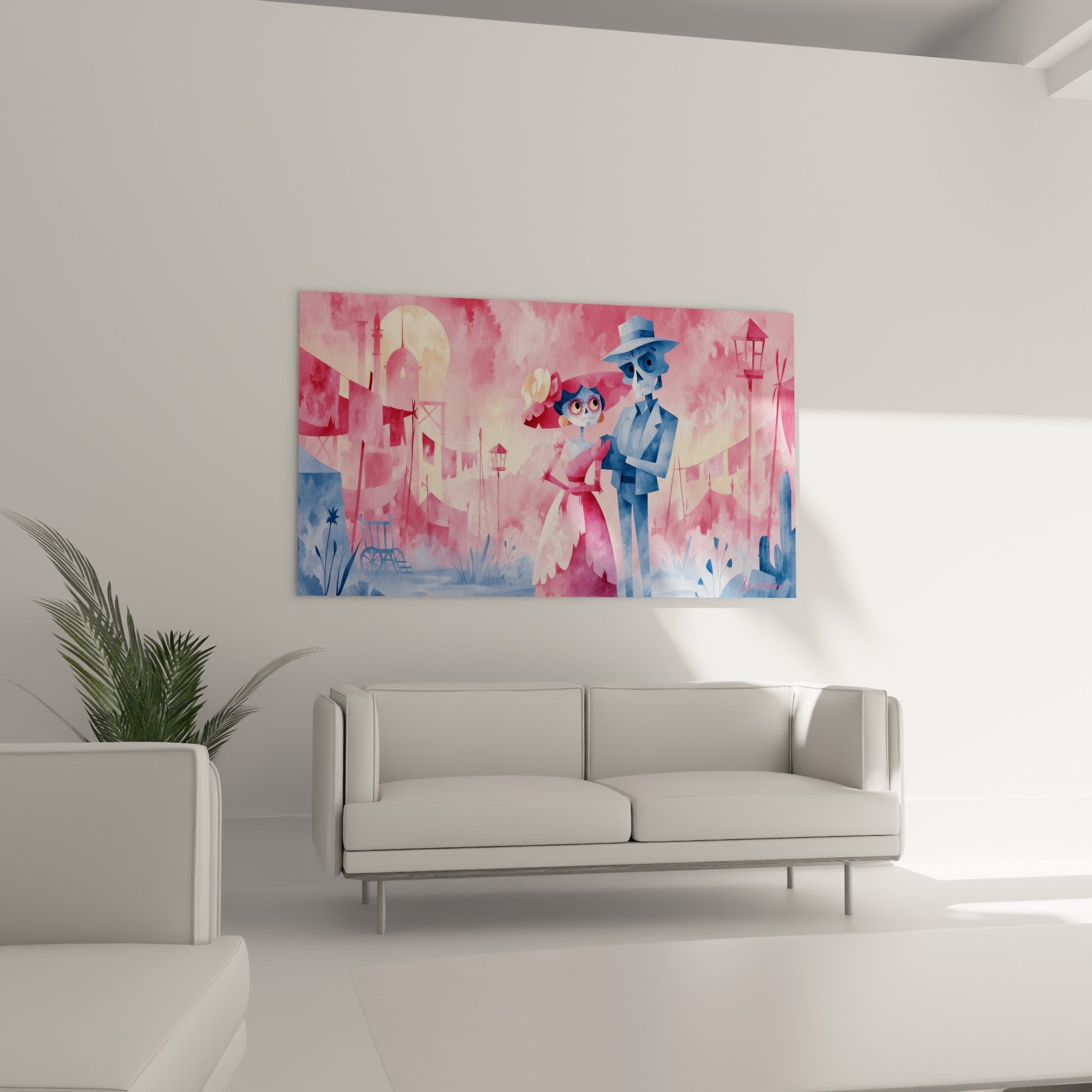 Figures Dia de los Muertos en robe fuchsia et costume bleu marine, au-dessus d'un canapé dans un salon lumineux