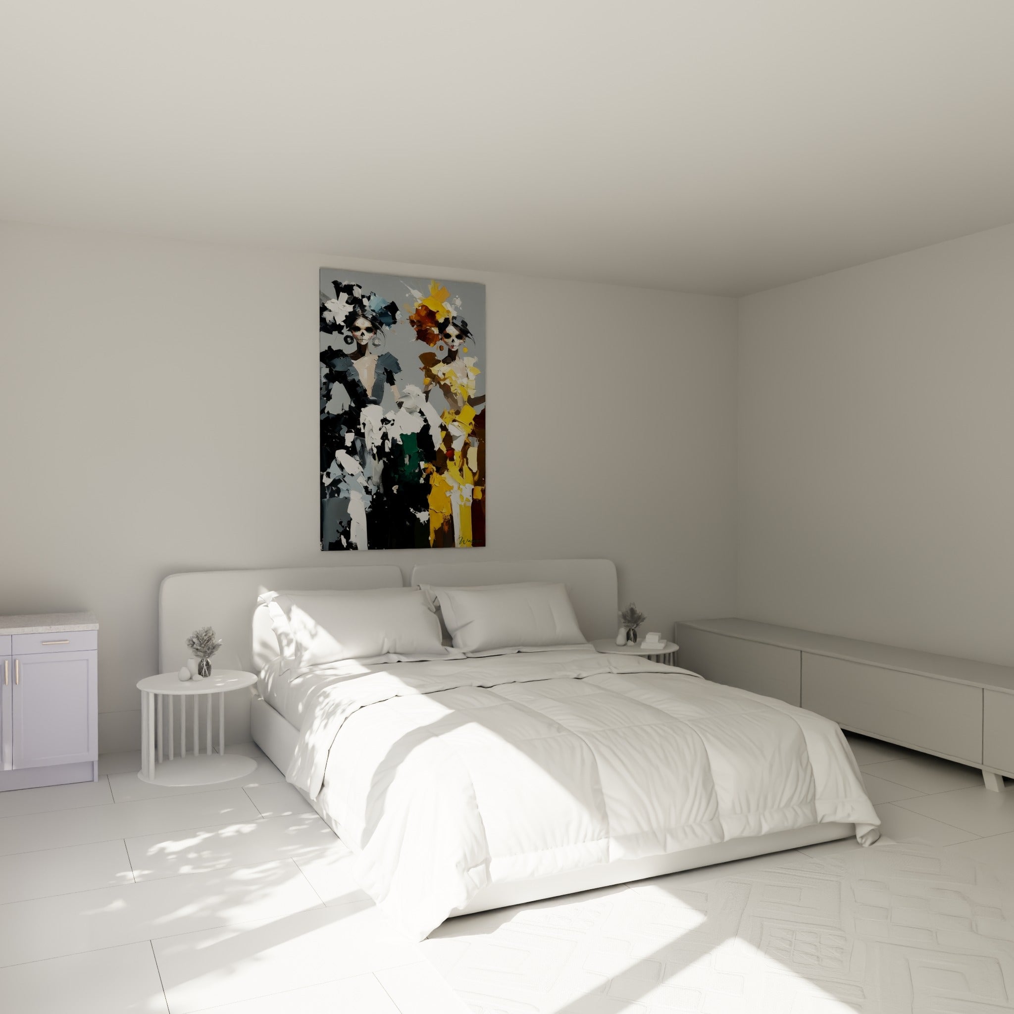 Deux figures Dia de los Muertos en robes anthracite et jaune safran, accrochées au-dessus d'un lit dans une chambre claire