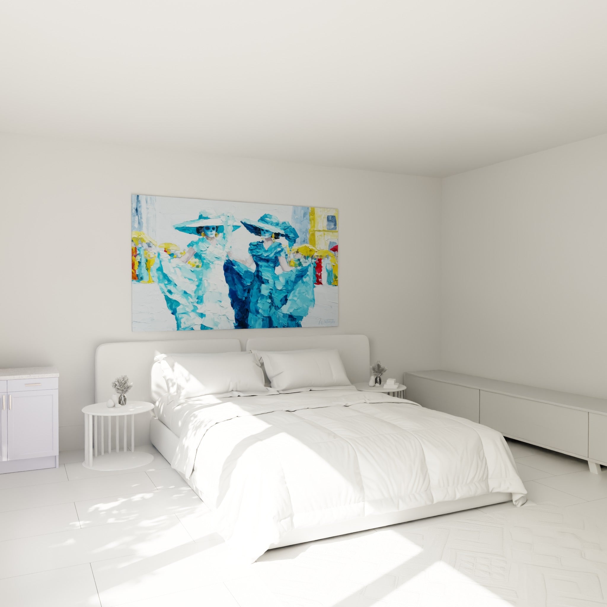 Silhouettes Dia de los Muertos en bleu profond et blanc, robes bouffantes, au-dessus d'un lit dans une chambre claire