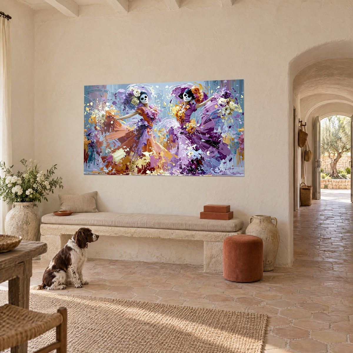 Tableau danseuses squelettes virevoltantes, jupes violettes et ocre en coups de couteau, face à un spaniel dans un mas provençal