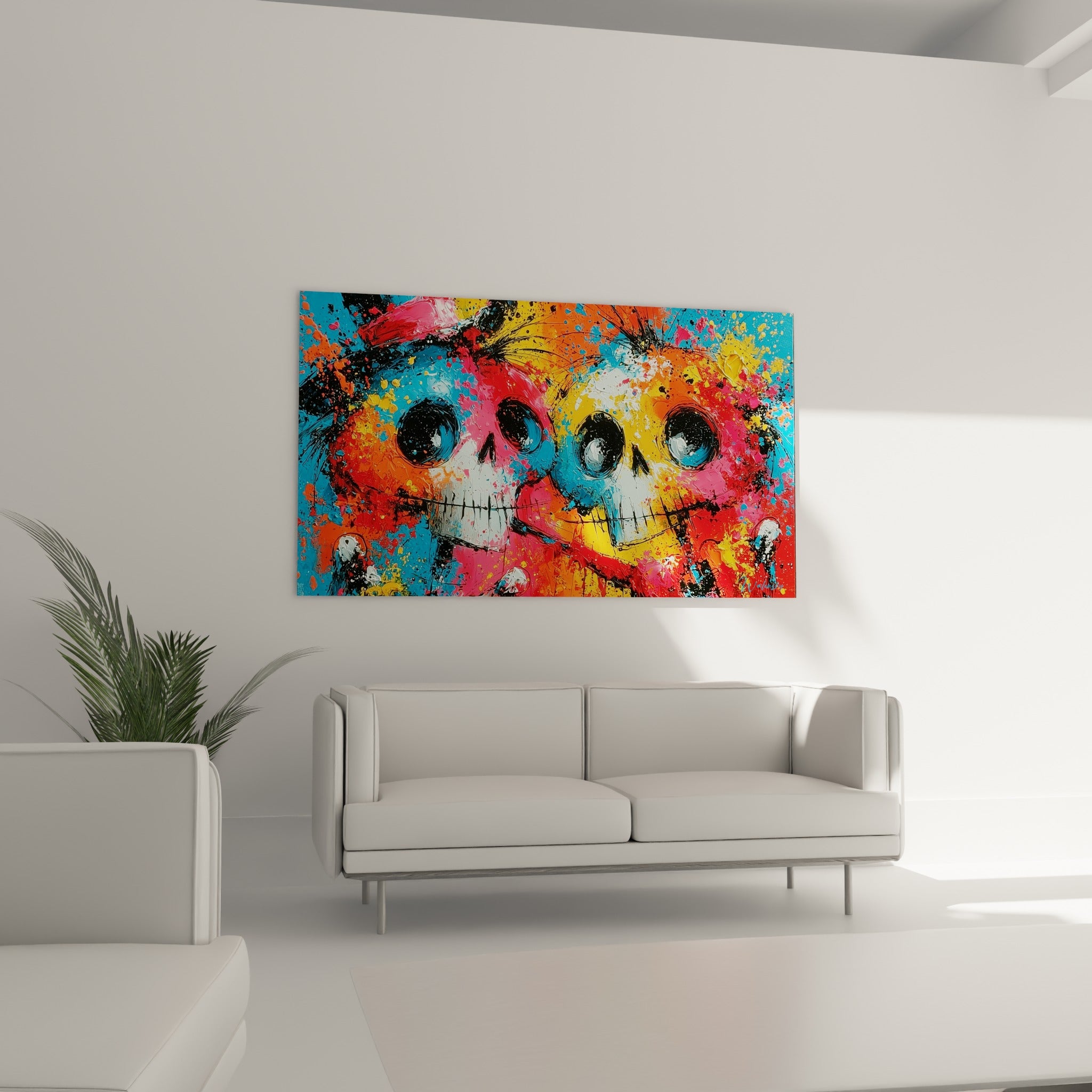 Visages Dia de los Muertos orange et jaune moutarde éclaboussés au-dessus d'un canapé dans un salon lumineux