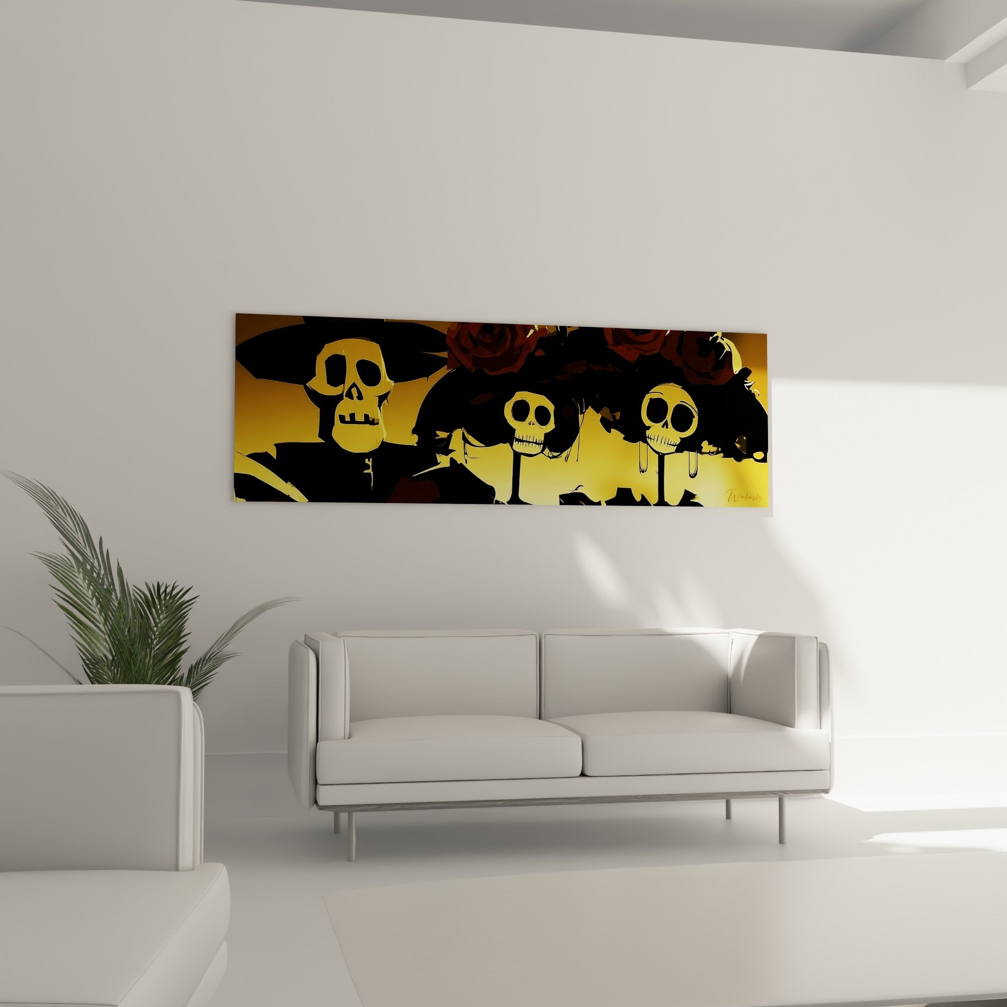 Trois crânes noirs et dorés animent ce tableau Dia de los Muertos placé au-dessus d'un canapé dans un salon lumineux