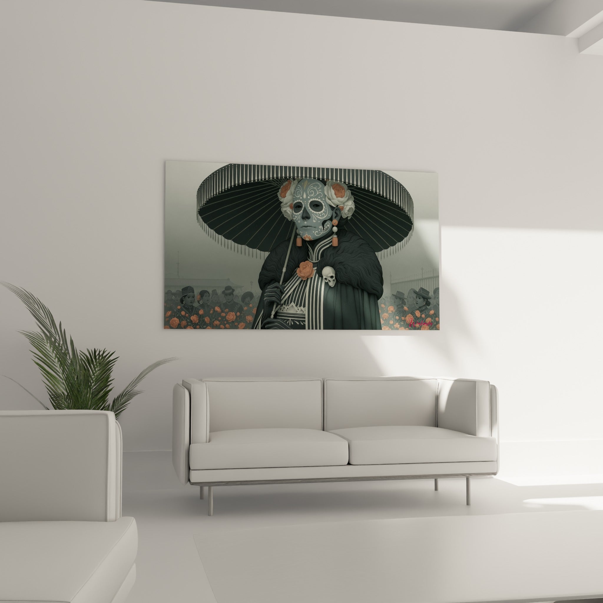 Silhouette funèbre en anthracite et corail du Dia de los Muertos, au-dessus d'un canapé dans un salon lumineux