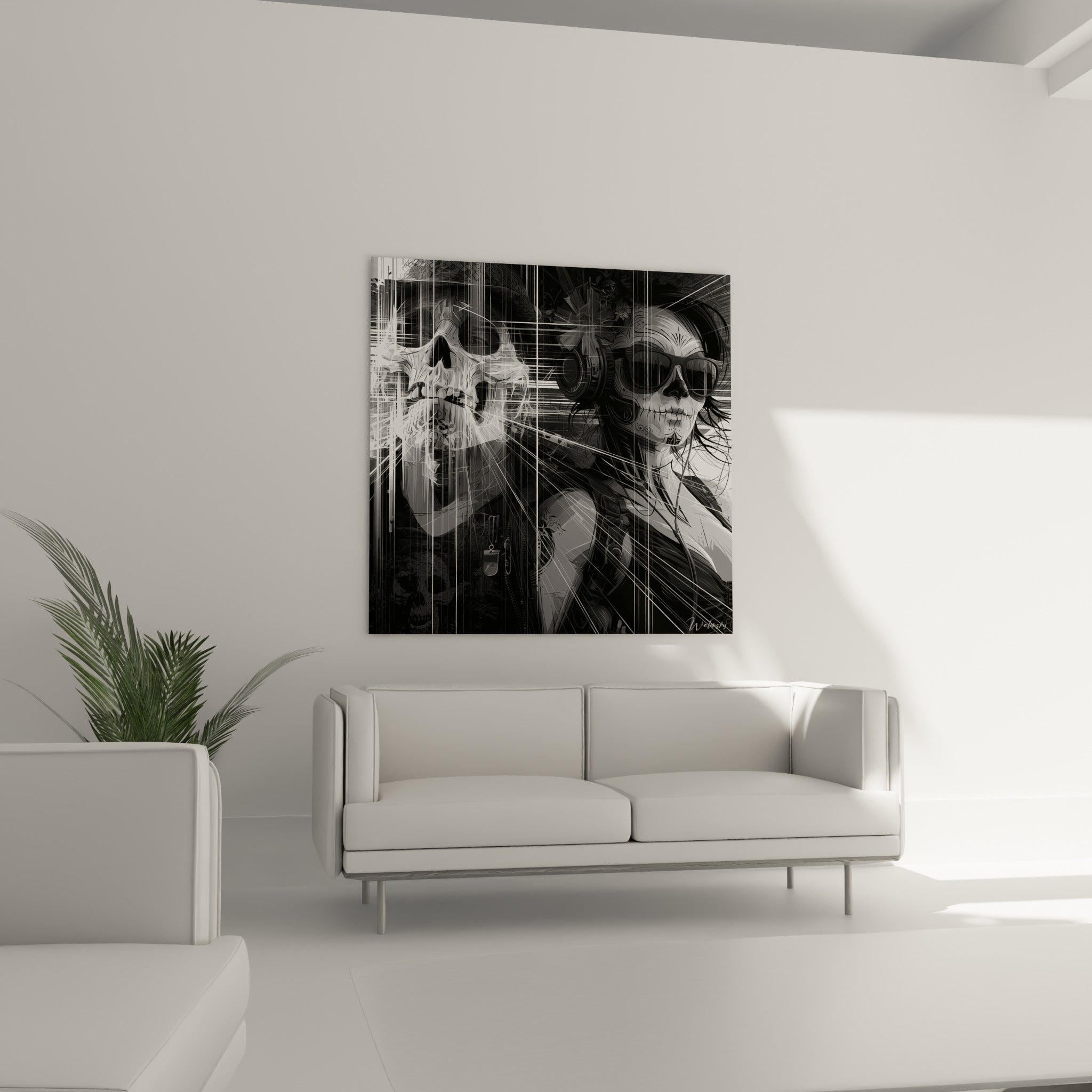 Silhouette masquée et crâne hurlant aux lignes blanches vibrantes au-dessus d'un canapé dans un salon lumineux