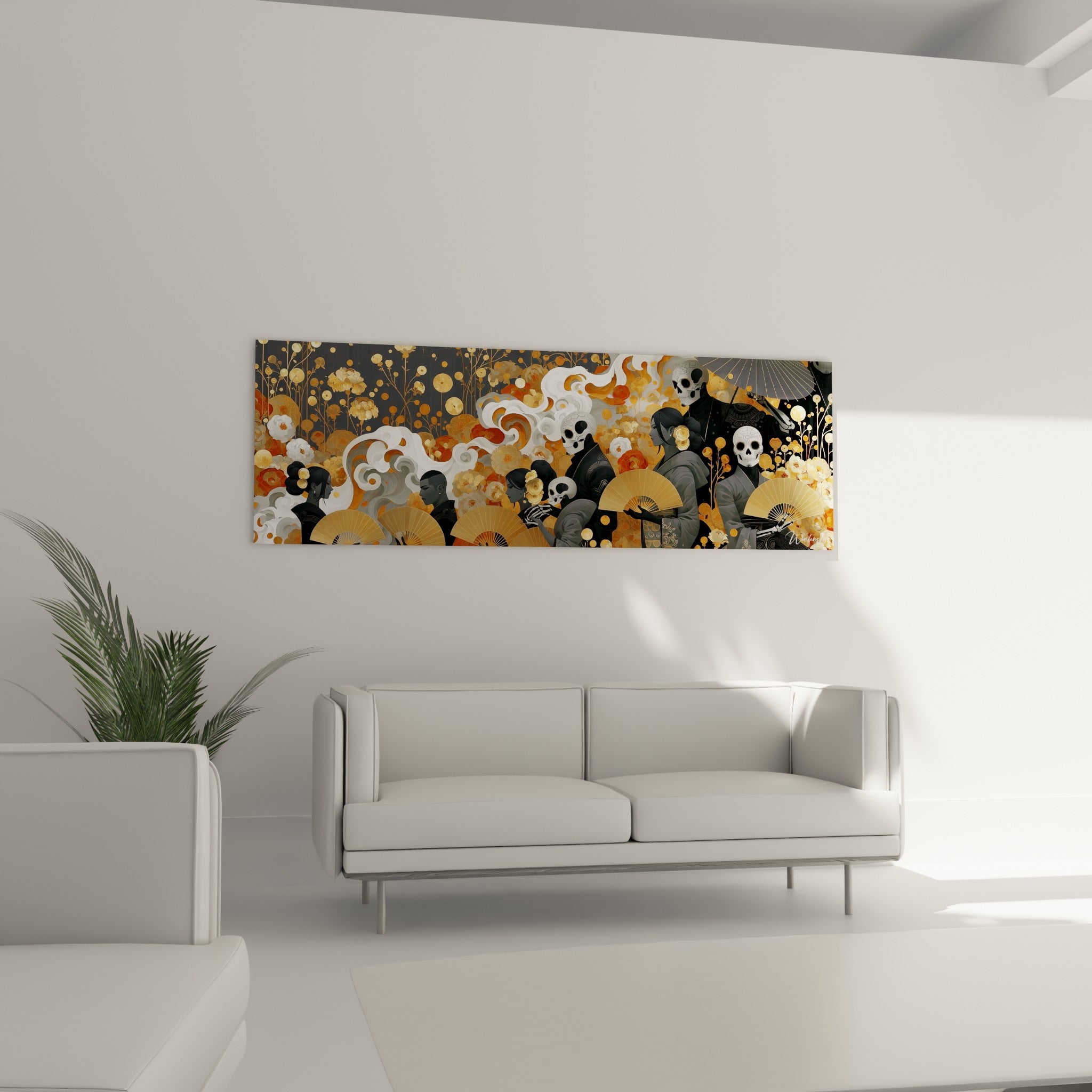 Procession funèbre aux crânes gris et fleurs ocre, tableau Dia de los Muertos accroché au-dessus d'un canapé dans un salon lumineux