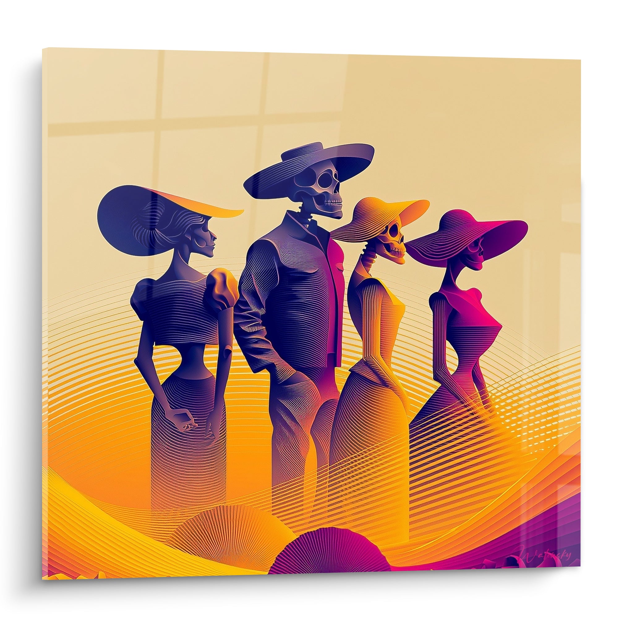 Quatre silhouettes violettes et orangées coiffées de chapeaux, style graphique Dia de los Muertos