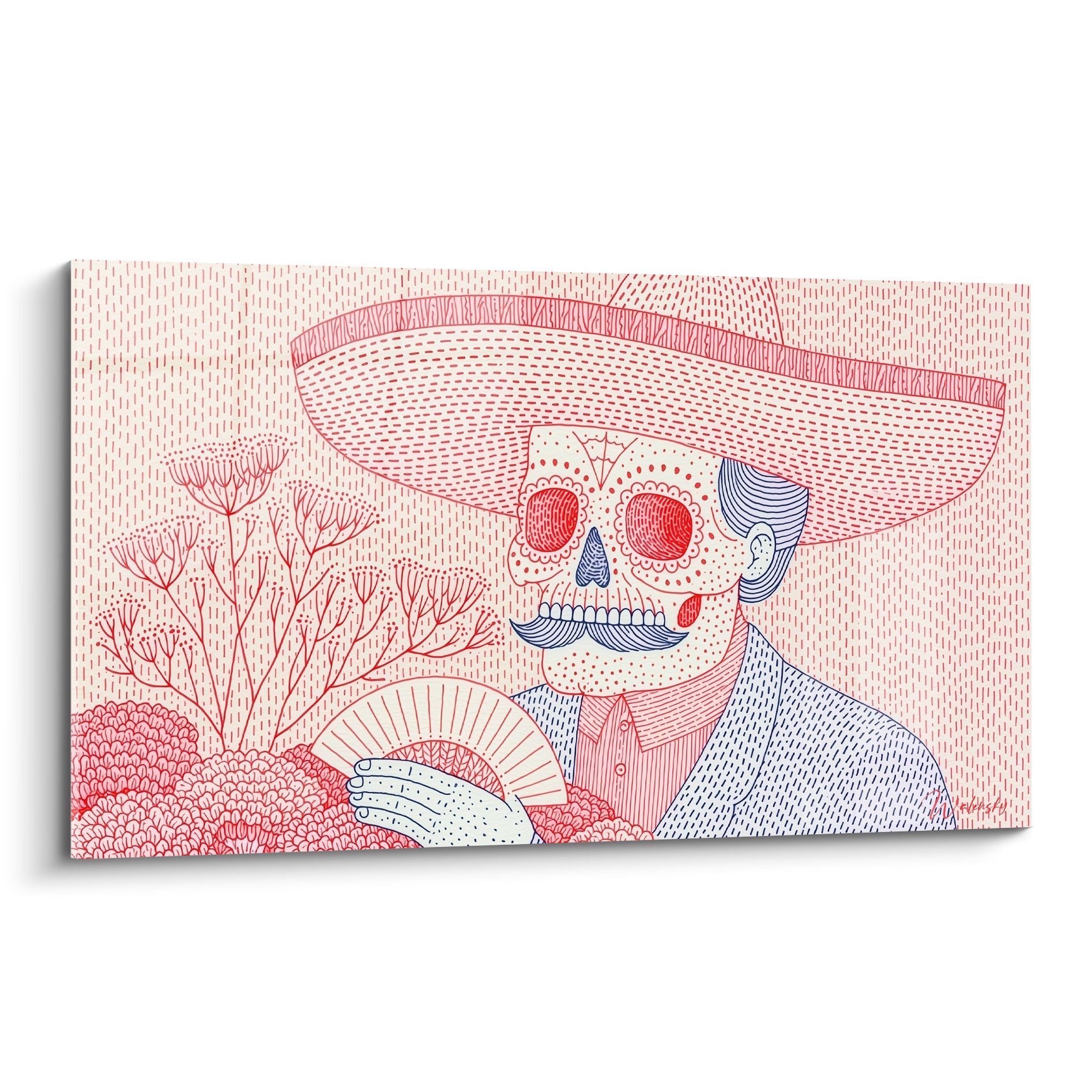 Squelette Dia de los Muertos coiffé d'un sombrero rose, motifs bleu marine et éventail à la main