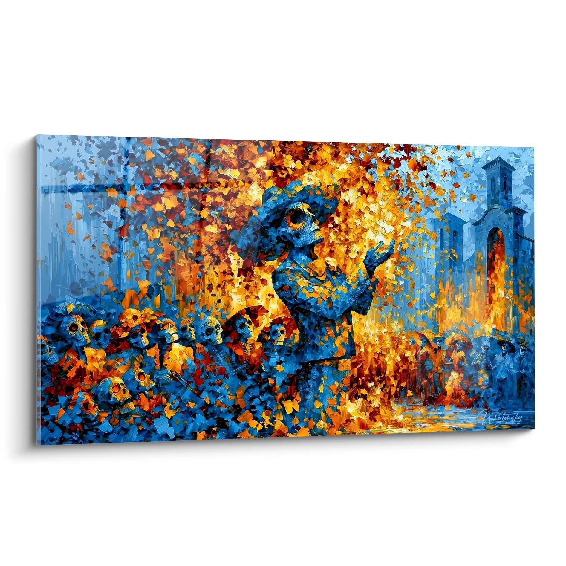Silhouette bleue et dorée en procession, crânes alignés, technique fragmentée façon Dia de los Muertos