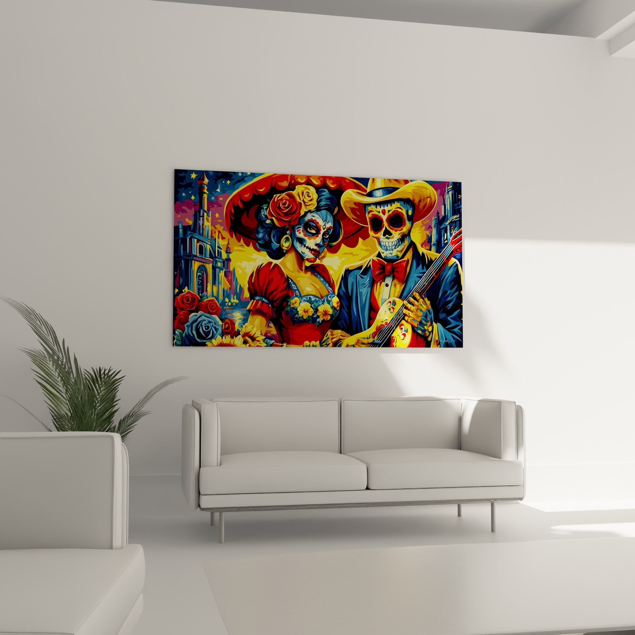 Guitare ornée et sombrero jaune vif, tableau Dia de los Muertos au-dessus d'un canapé dans un salon lumineux