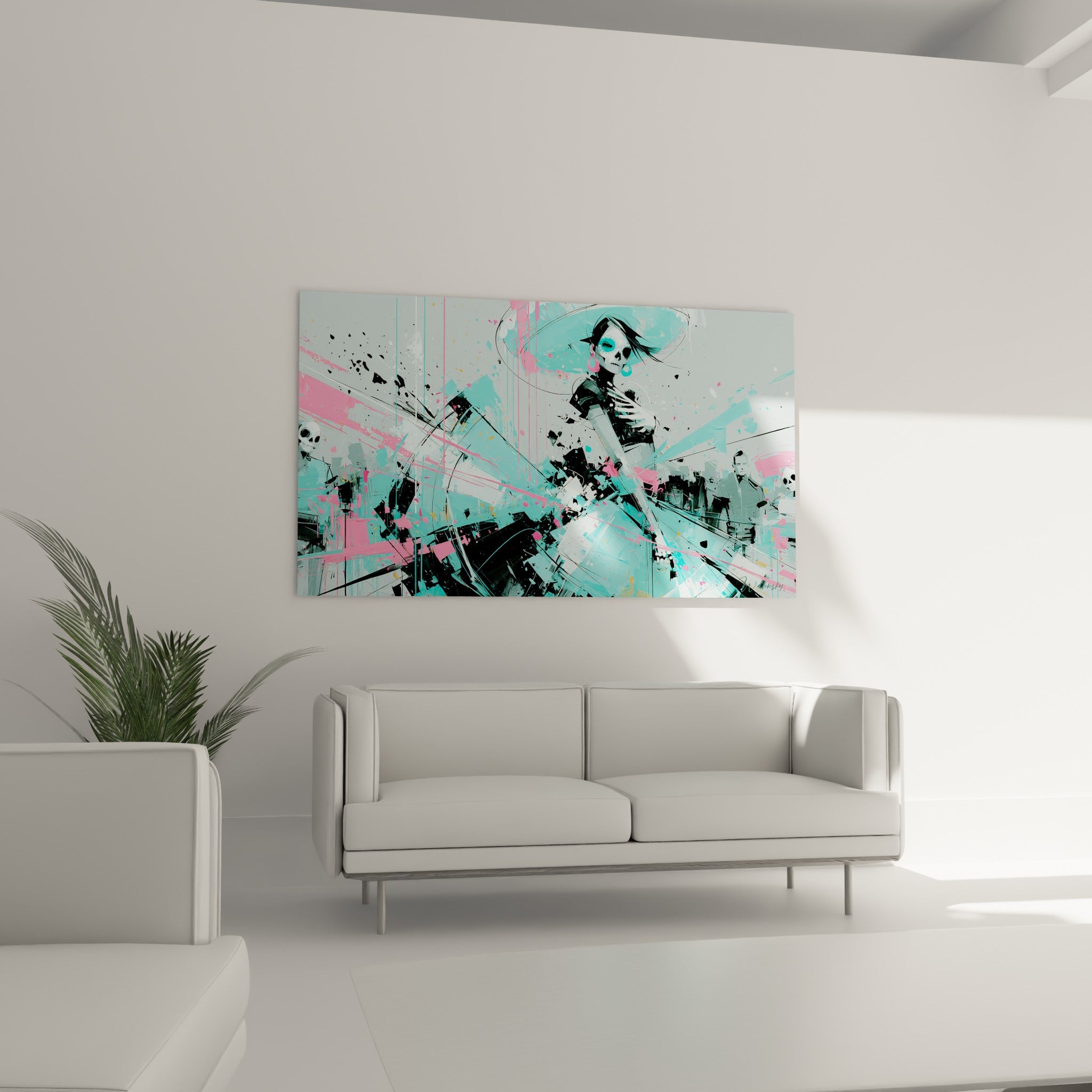 Silhouette squelette turquoise et éclats noirs dynamiques, tableau Dia de los Muertos au-dessus d'un canapé dans un salon lumineux