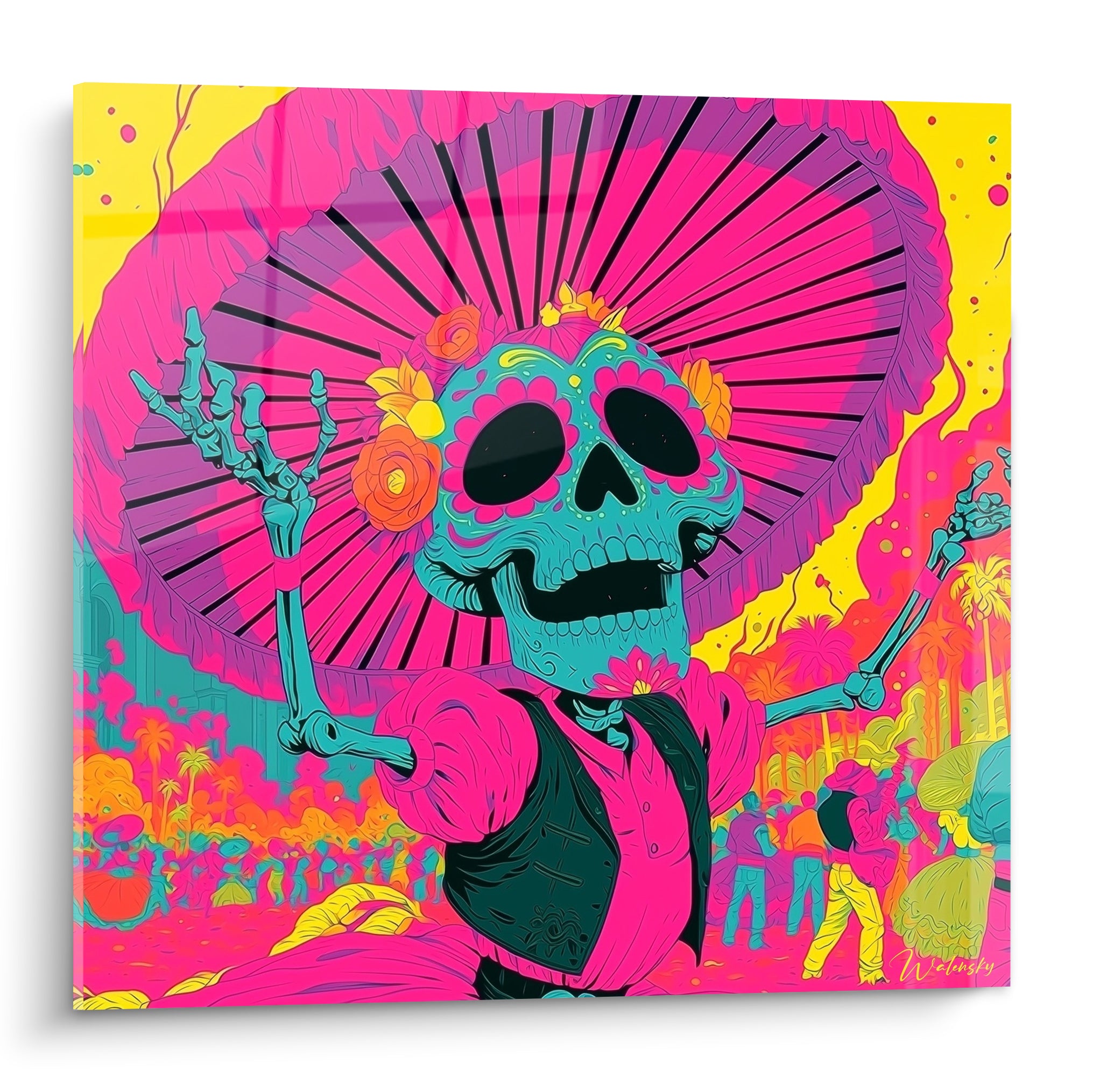 Squelette turquoise au sombrero rose et violet, bras levés, fête Dia de los Muertos jaune vif