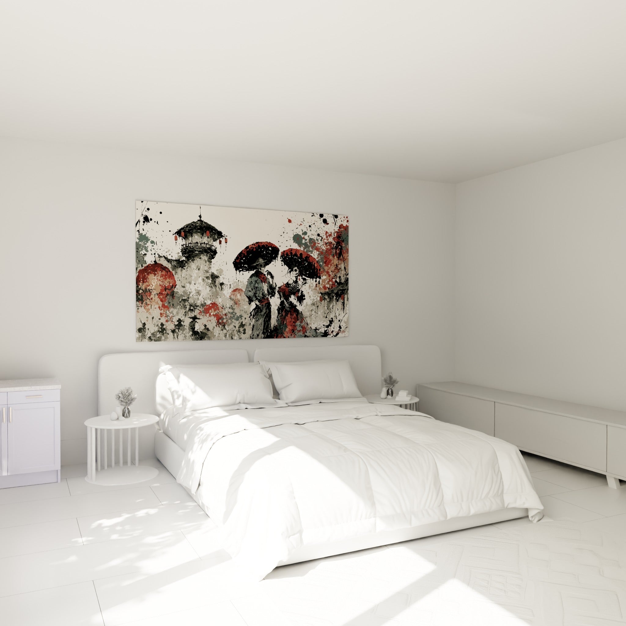 Ombrelles rouges et silhouettes squelettiques Dia de los Muertos au-dessus d'un lit dans une chambre claire.