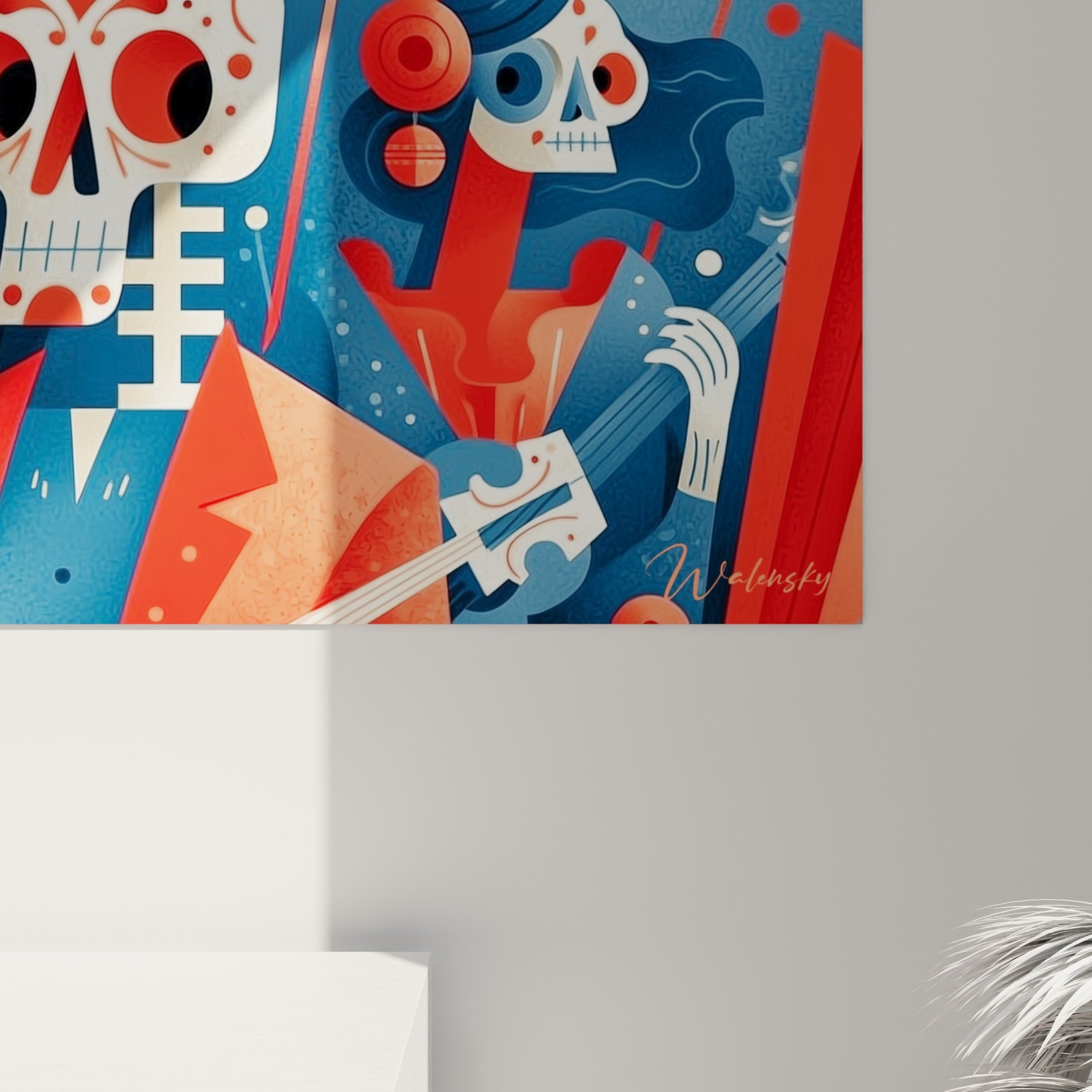 Détails des empâtements rouges et bleu marine sur ce tableau Dia de los Muertos, grain et aplats visibles de près