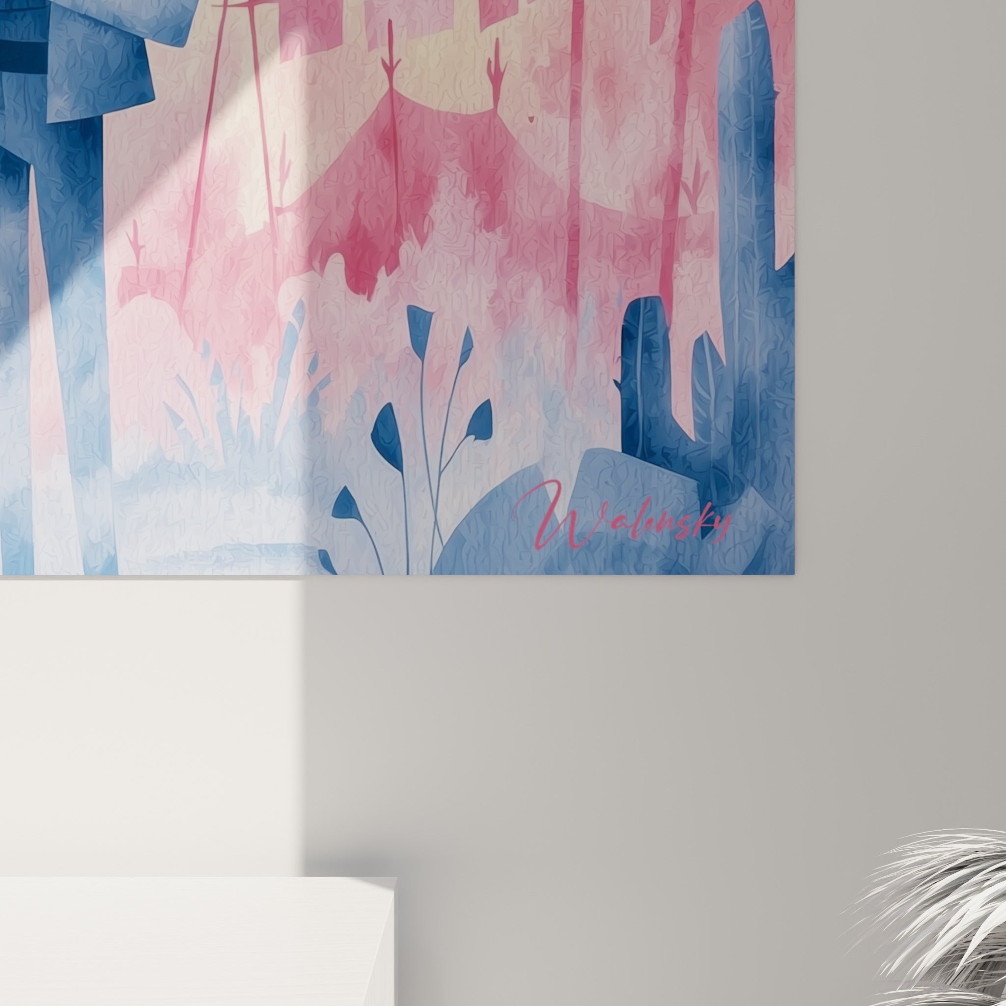 Détails aquarelle du tableau Dia de los Muertos, coulures roses et bleu ardoise, grain du papier visible de près