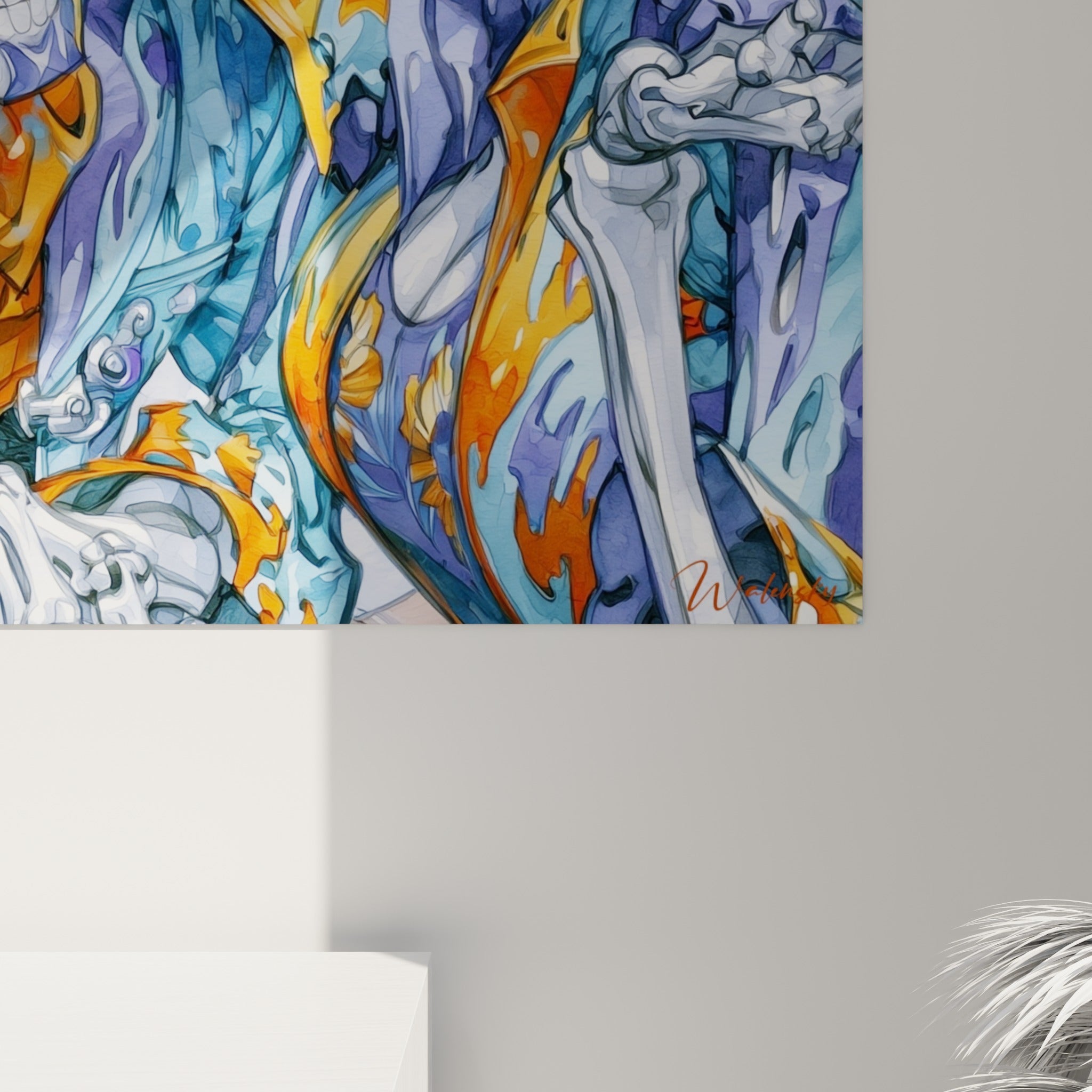 Détail du grain aquarelle sur ce tableau Dia de los Muertos, coulures bleu marine et touches orange fusionnées